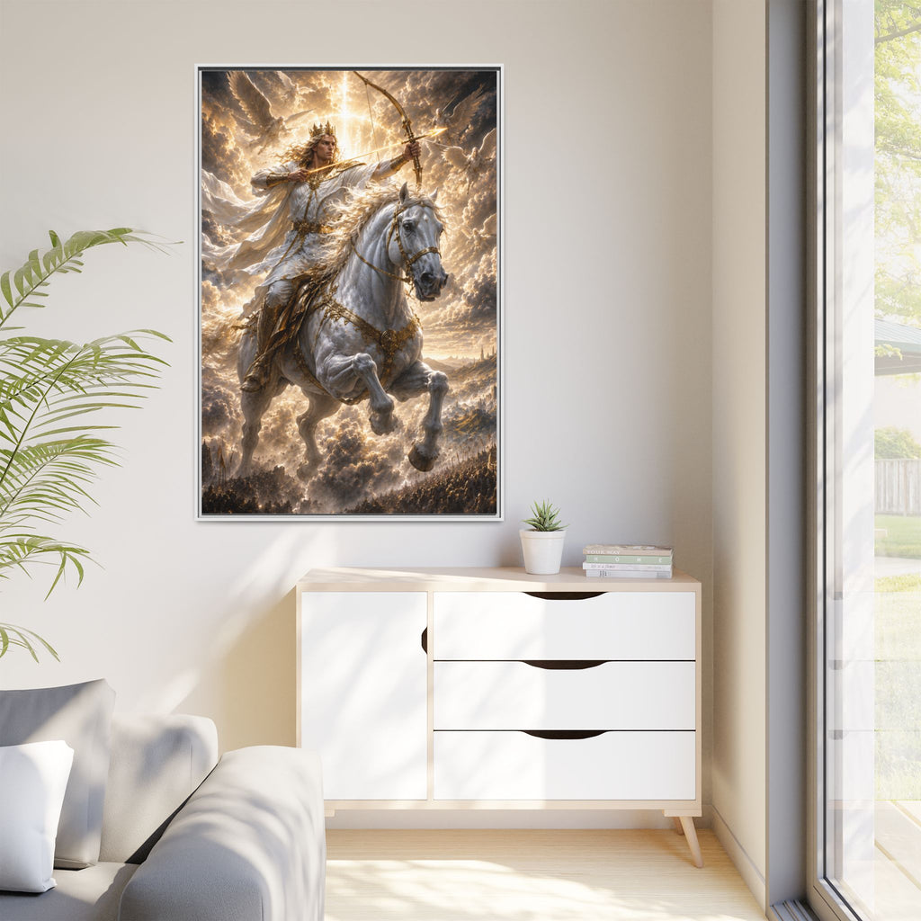 Mythic Warrior on White Steed — Framed Matte Canvas Wall Art