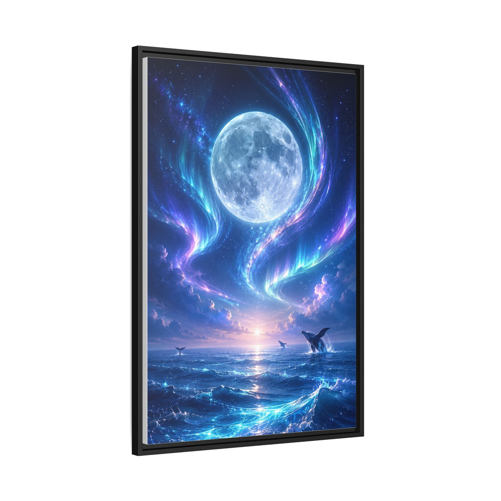 Framed Canvas Art - Lunar Aurora Ocean Scene
