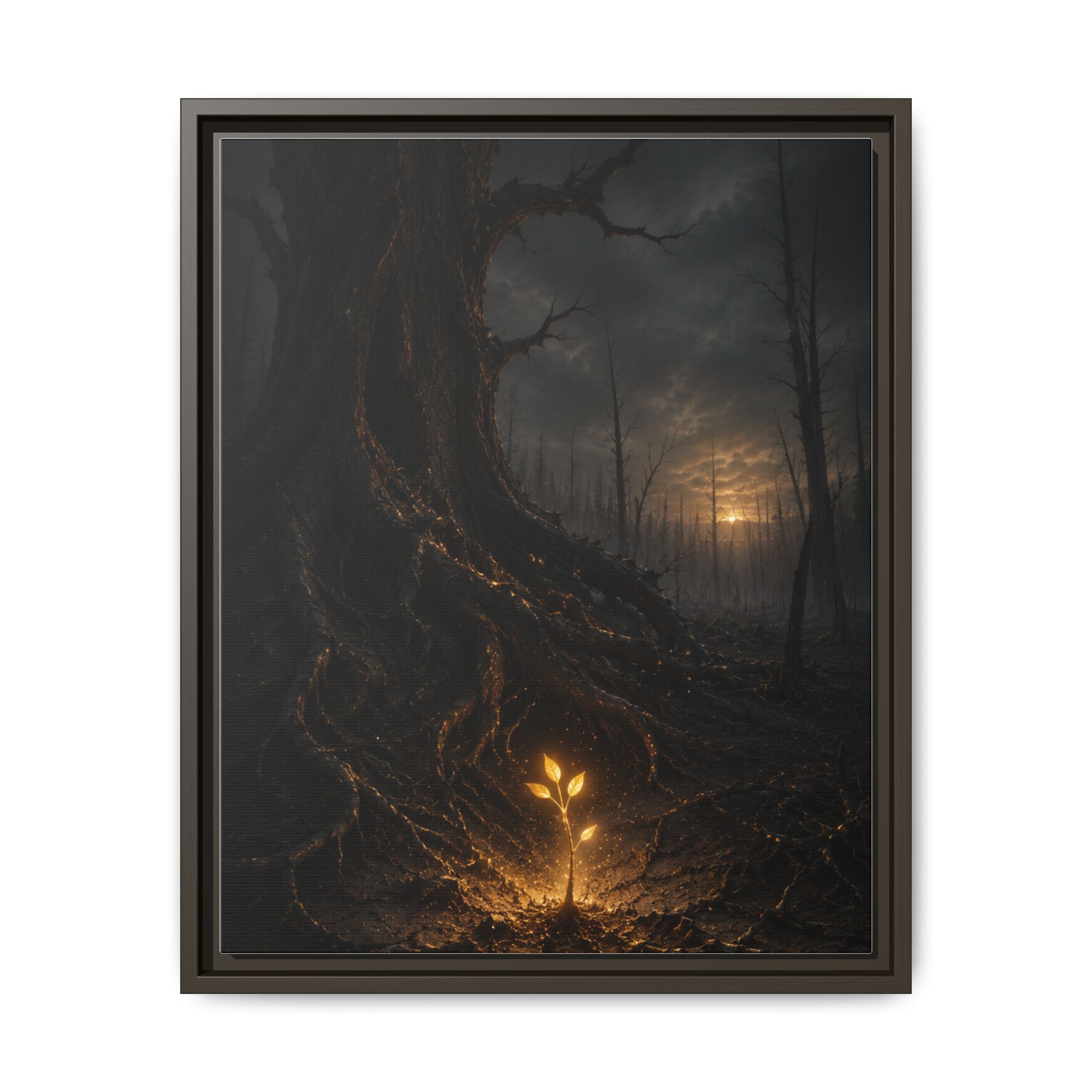 Framed Matte Canvas — Glow Sprout in Dark Forest (Ethereal Fantasy Wall Art)