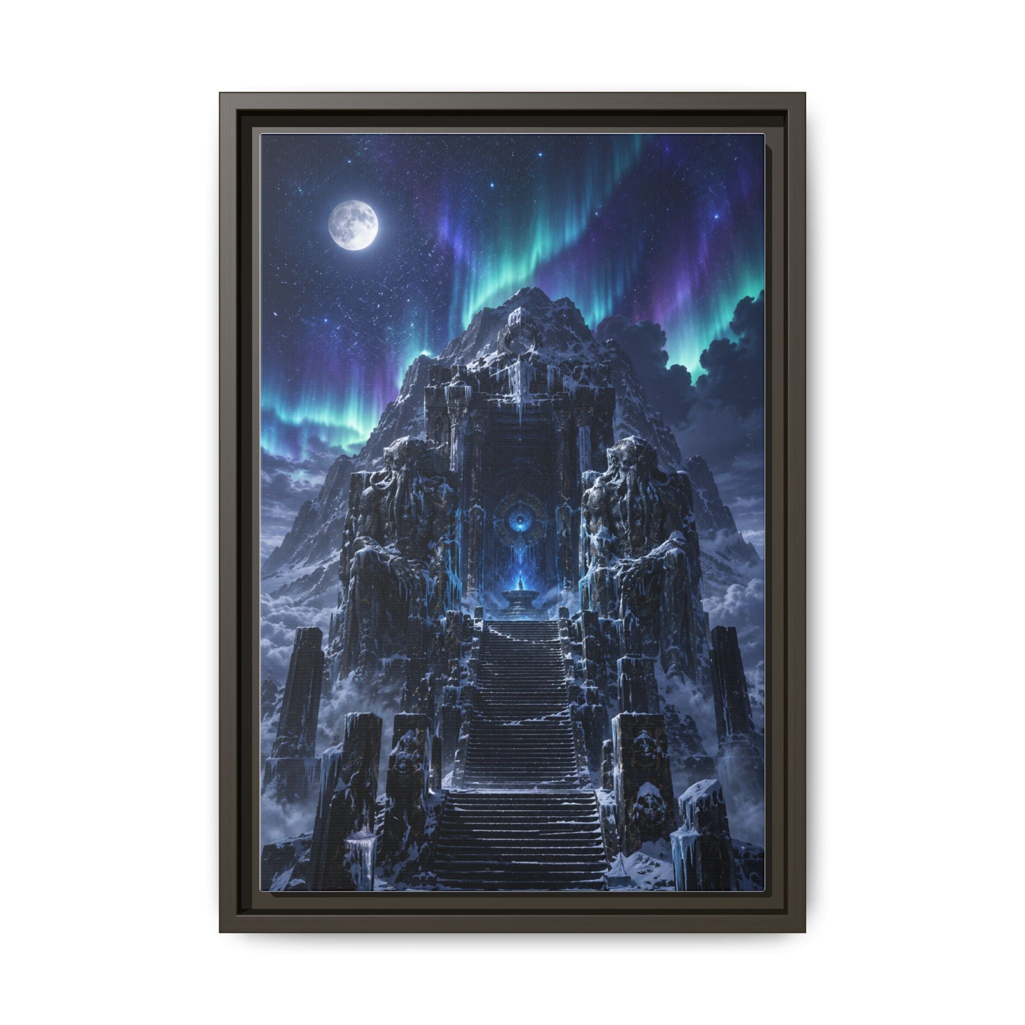Aurora Mountain Fortress Matte Canvas Print (Framed) — Fantasy Nightscape Wall Art