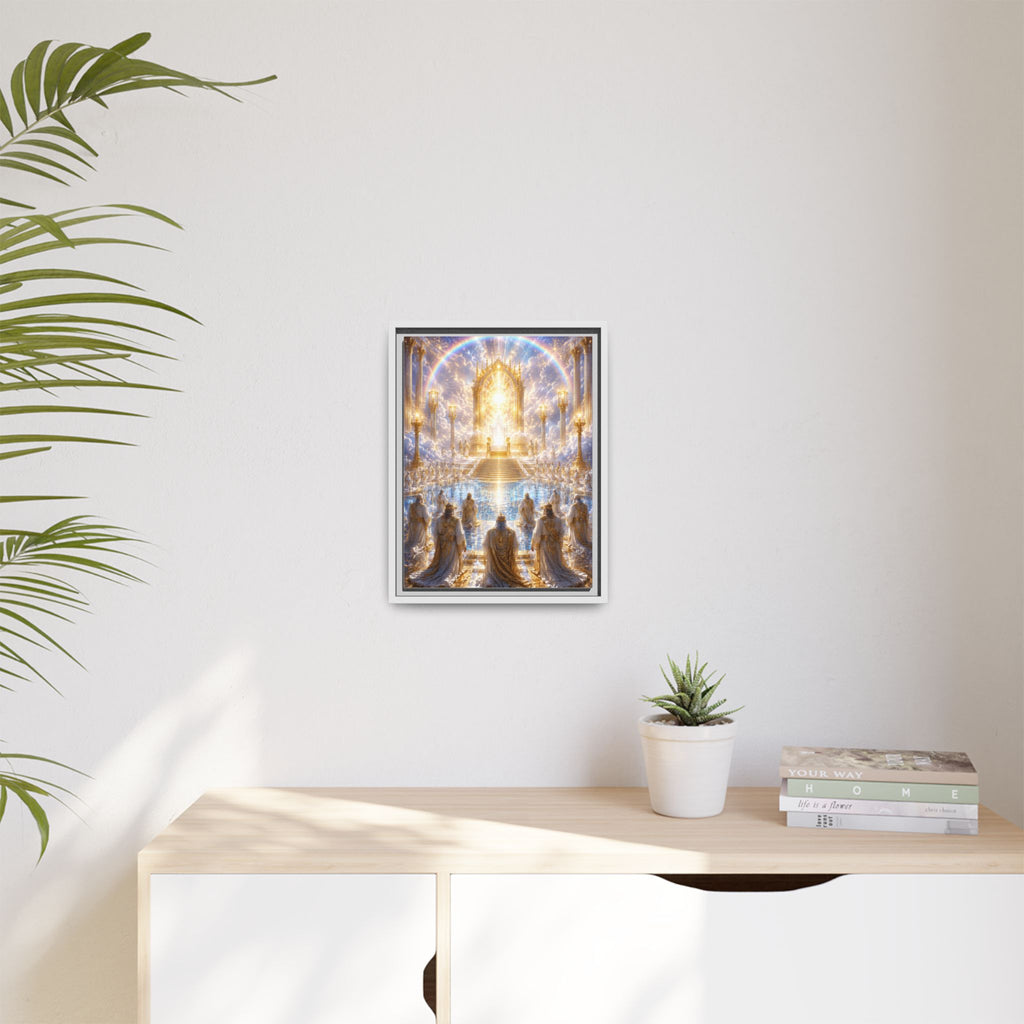 Heavenly Throne Room Matte Framed Canvas — Golden Angelic Realm Wall Art