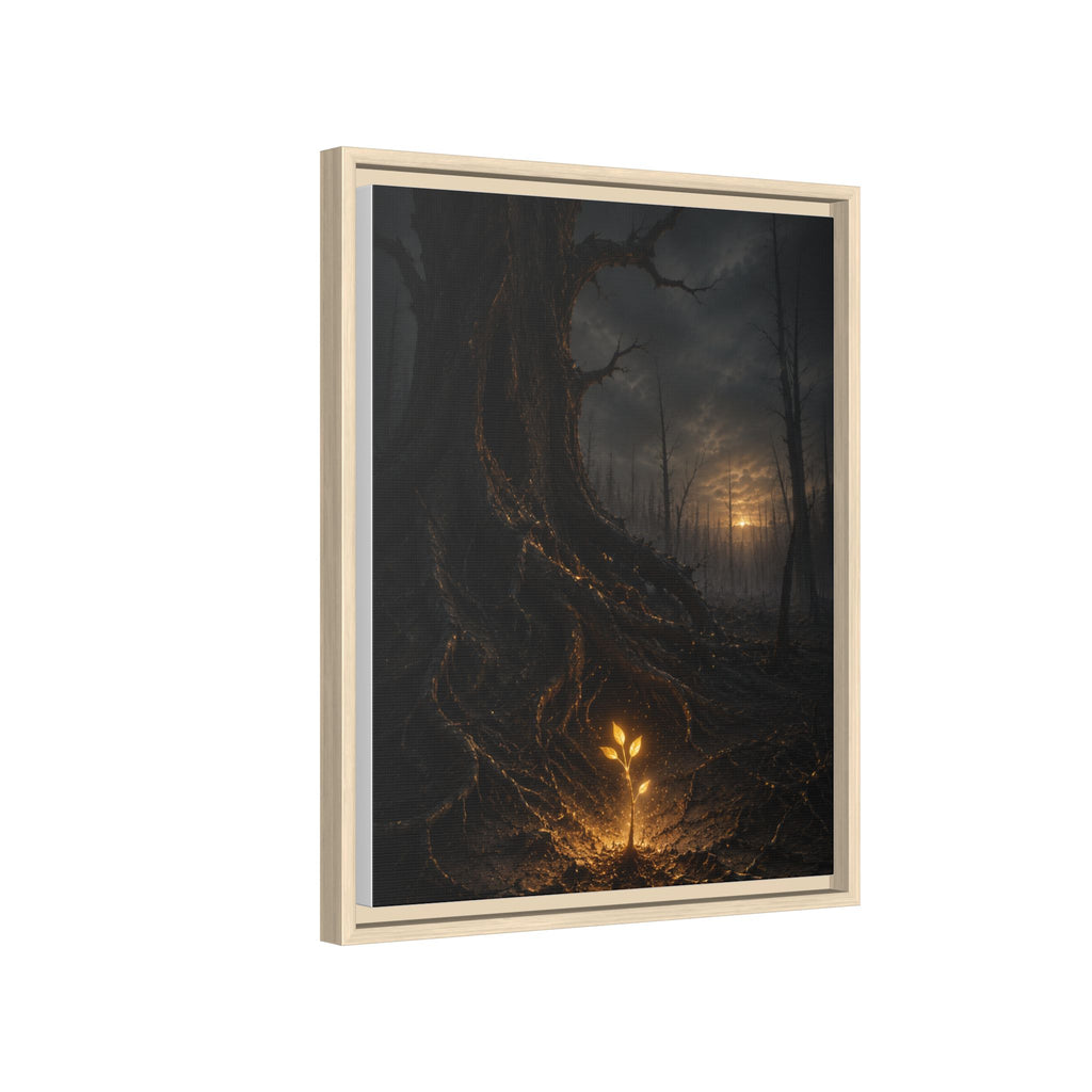 Framed Matte Canvas — Glow Sprout in Dark Forest (Ethereal Fantasy Wall Art)