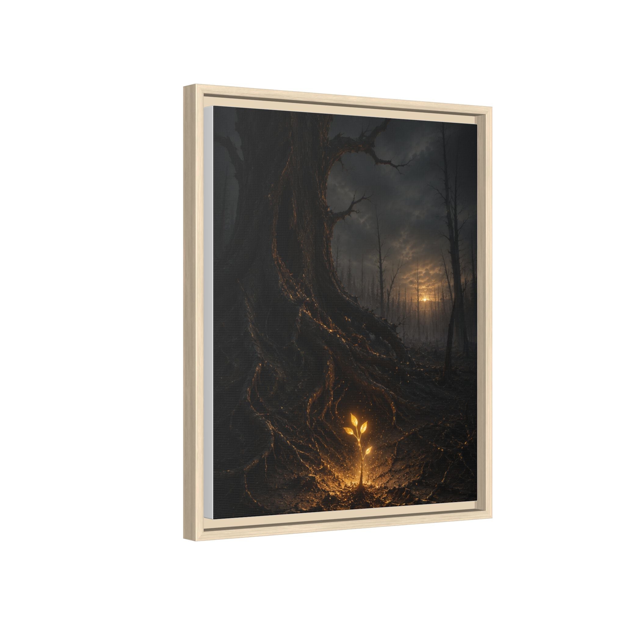 Framed Matte Canvas — Glow Sprout in Dark Forest (Ethereal Fantasy Wall Art)