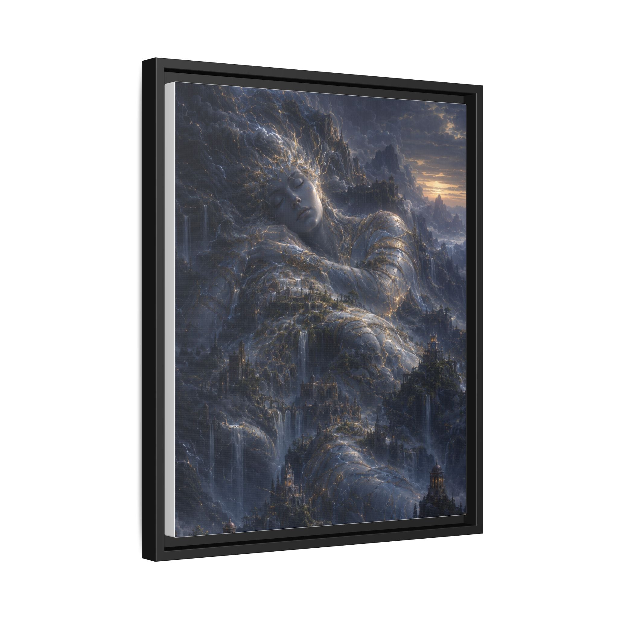 Framed Matte Canvas Wall Art — Misty Stormy Mountain Landscape