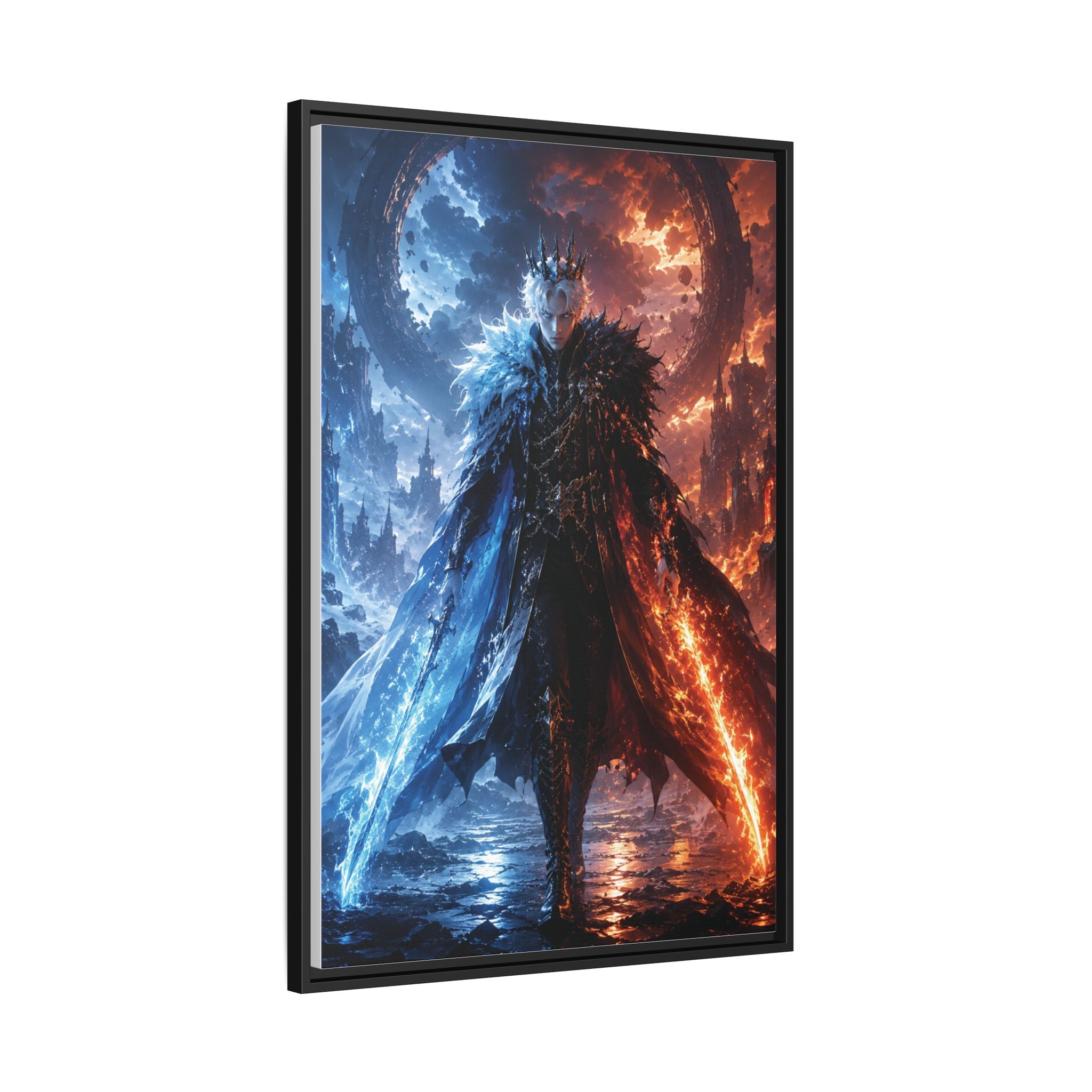 Framed Fantasy Canvas Print — Ice vs Fire Dark Knight Wall Art