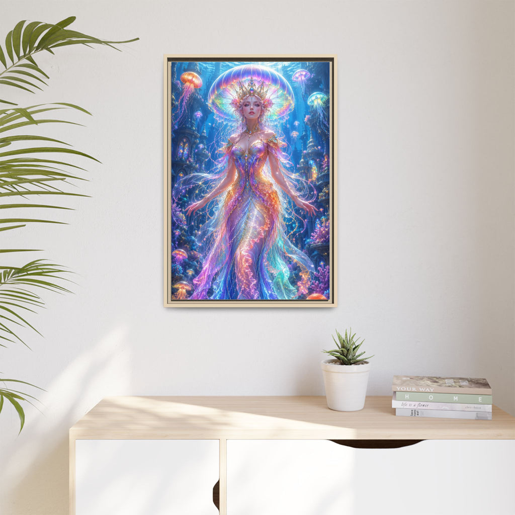 Jellyfish Queen Framed Canvas Art — Vibrant Mermaid Goddess Wall Print