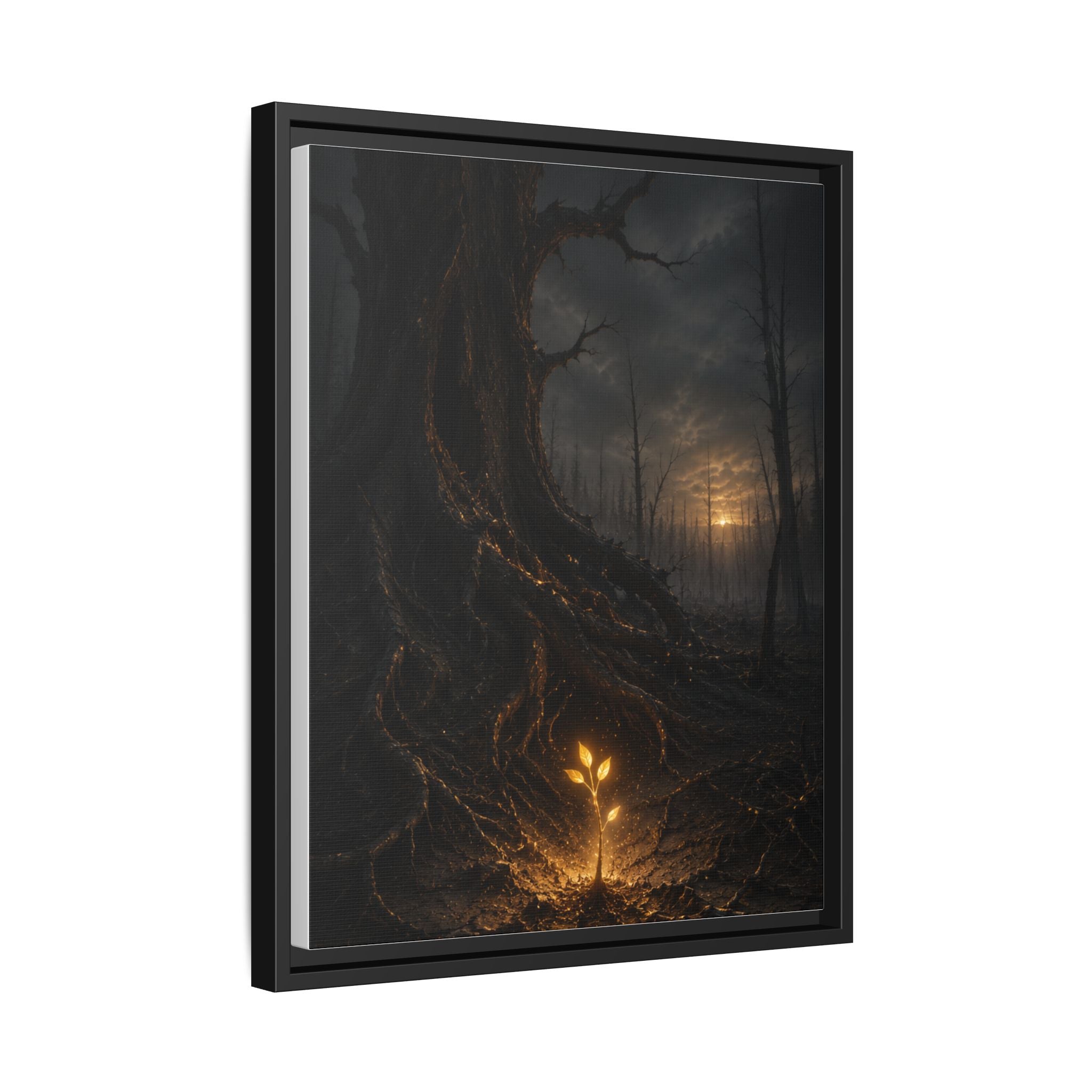 Framed Matte Canvas — Glow Sprout in Dark Forest (Ethereal Fantasy Wall Art)