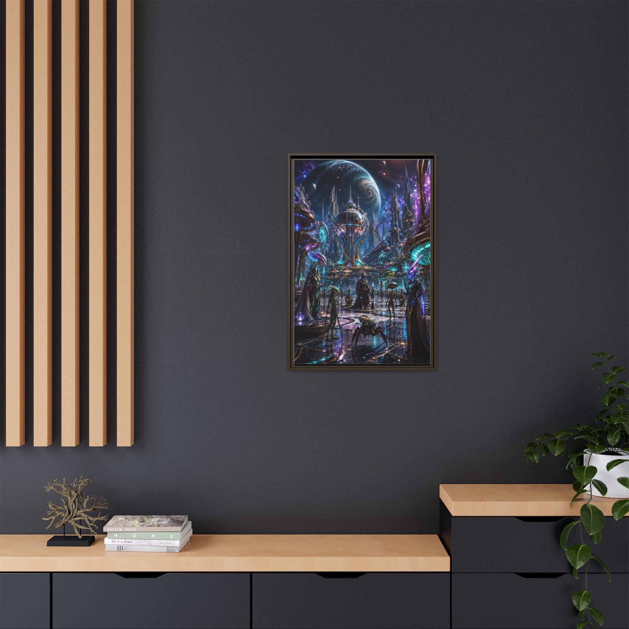 Framed Matte Canvas - Neon Sci‑Fi Cityscape Wall Art