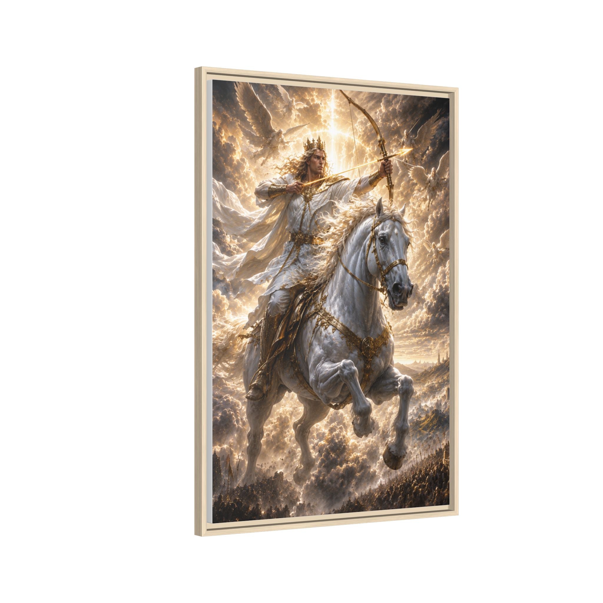 Mythic Warrior on White Steed — Framed Matte Canvas Wall Art