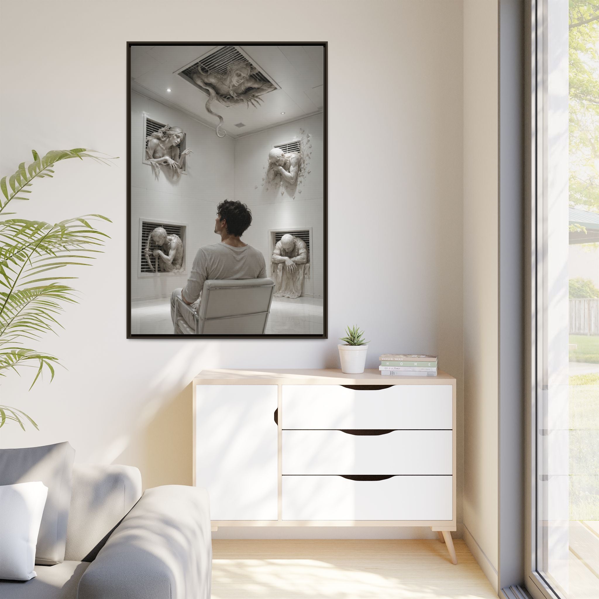 Surreal Wall Art Canvas — Man in Gallery with Sculpted Figures, Framed Matte Print