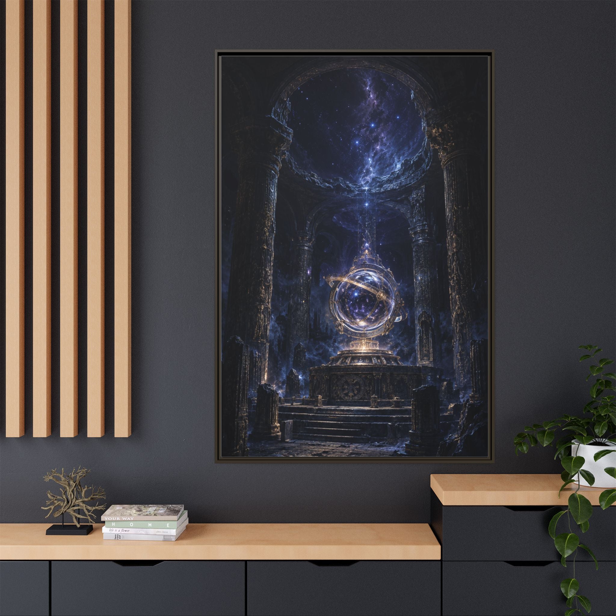 Framed Cosmic Temple Matte Canvas Art — Mystic Astral Orb Wall Decor