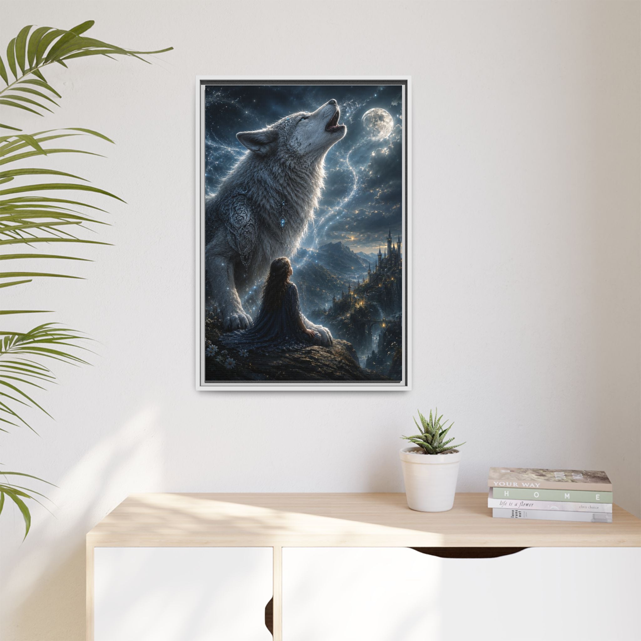 Howling Wolf Moon Matte Canvas Print — Framed Fantasy Wall Art
