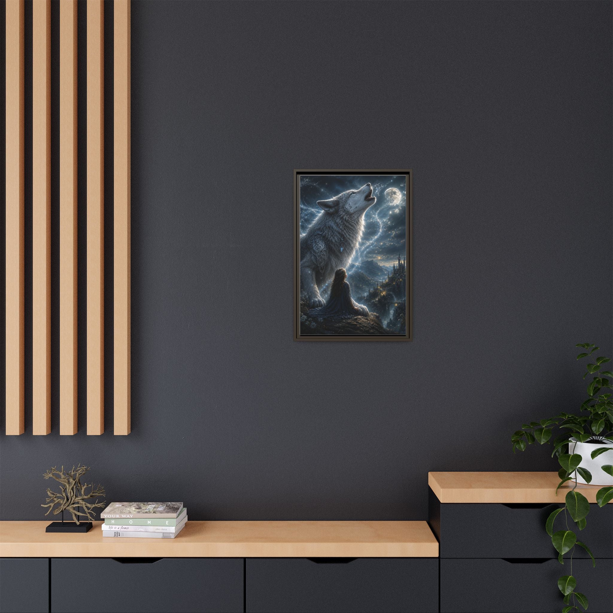 Howling Wolf Moon Matte Canvas Print — Framed Fantasy Wall Art