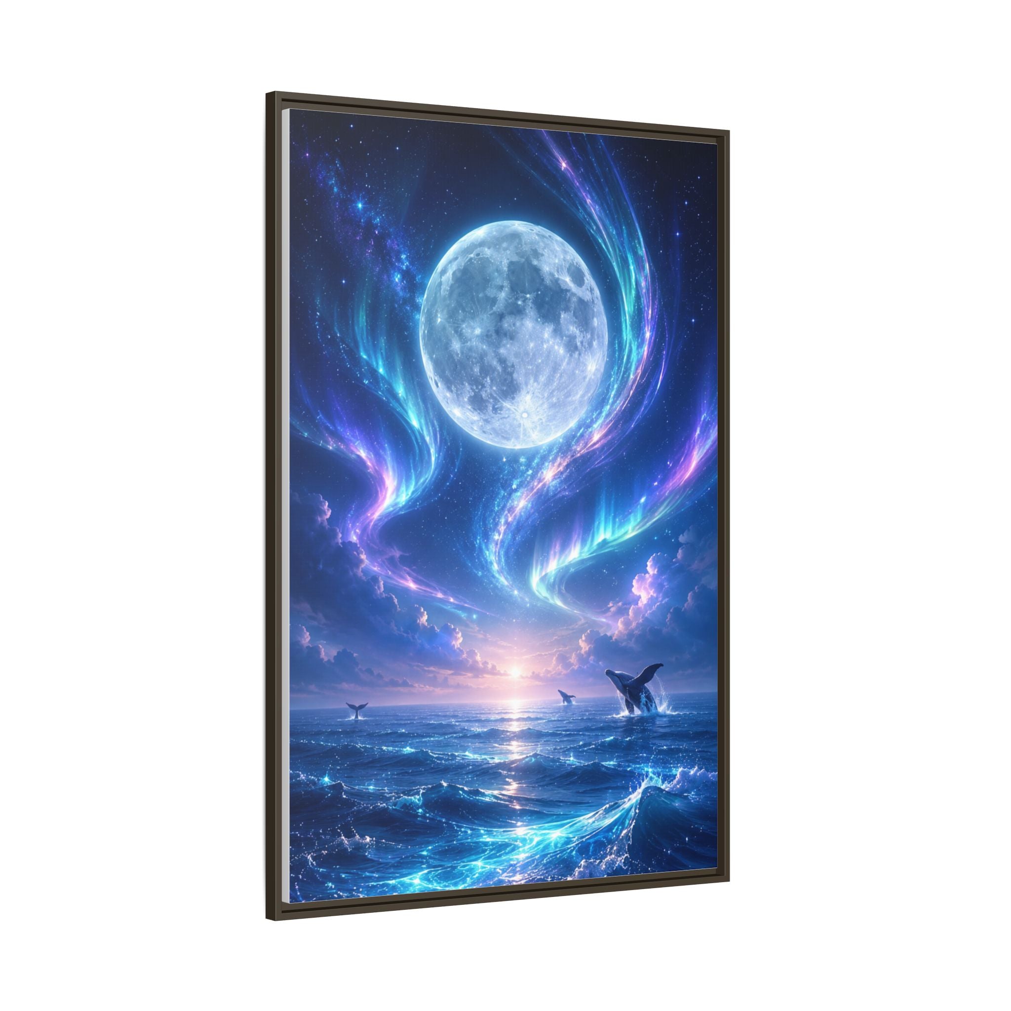Framed Canvas Art - Lunar Aurora Ocean Scene