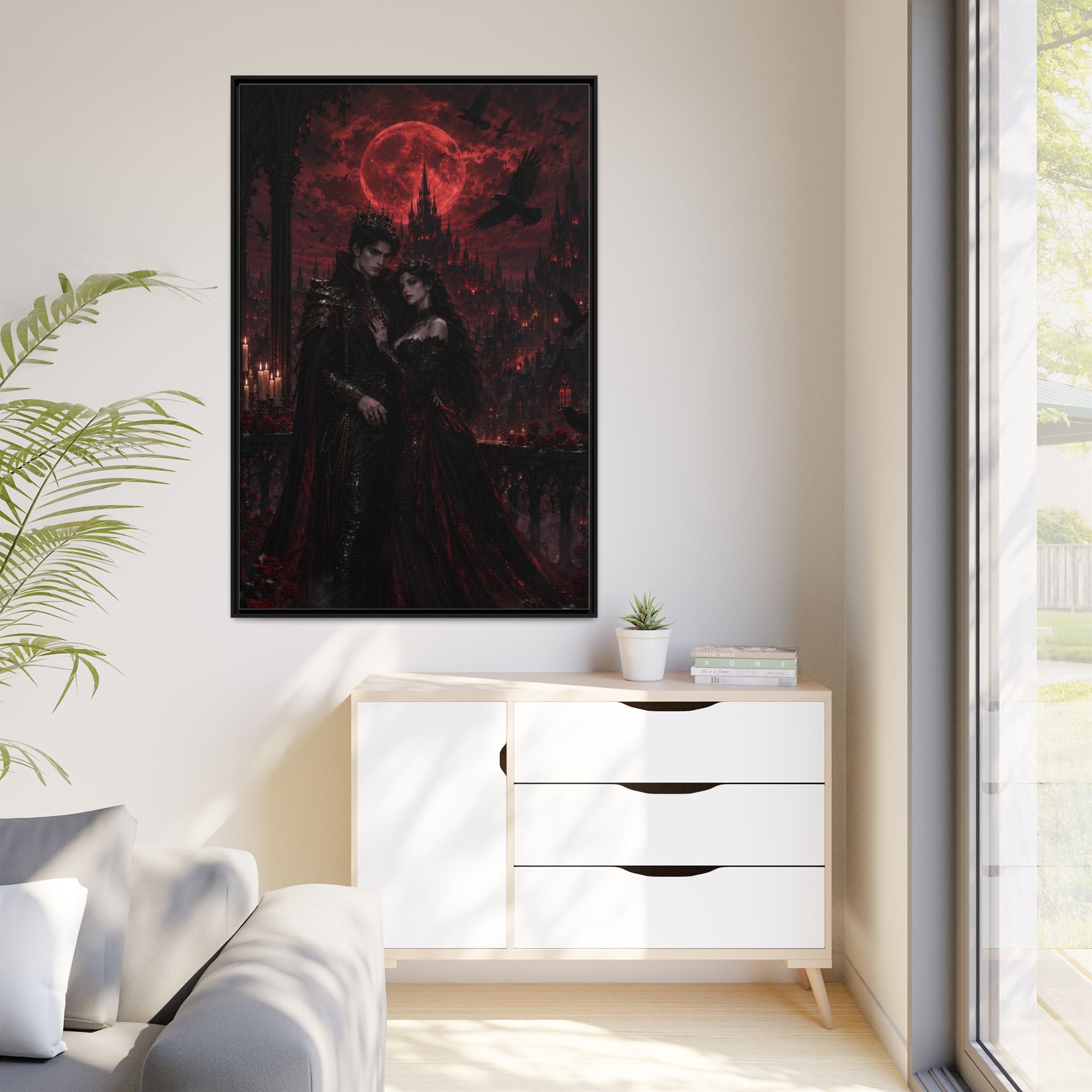 Vampire Lovers Matte Framed Canvas — Gothic Red Moon Wall Art