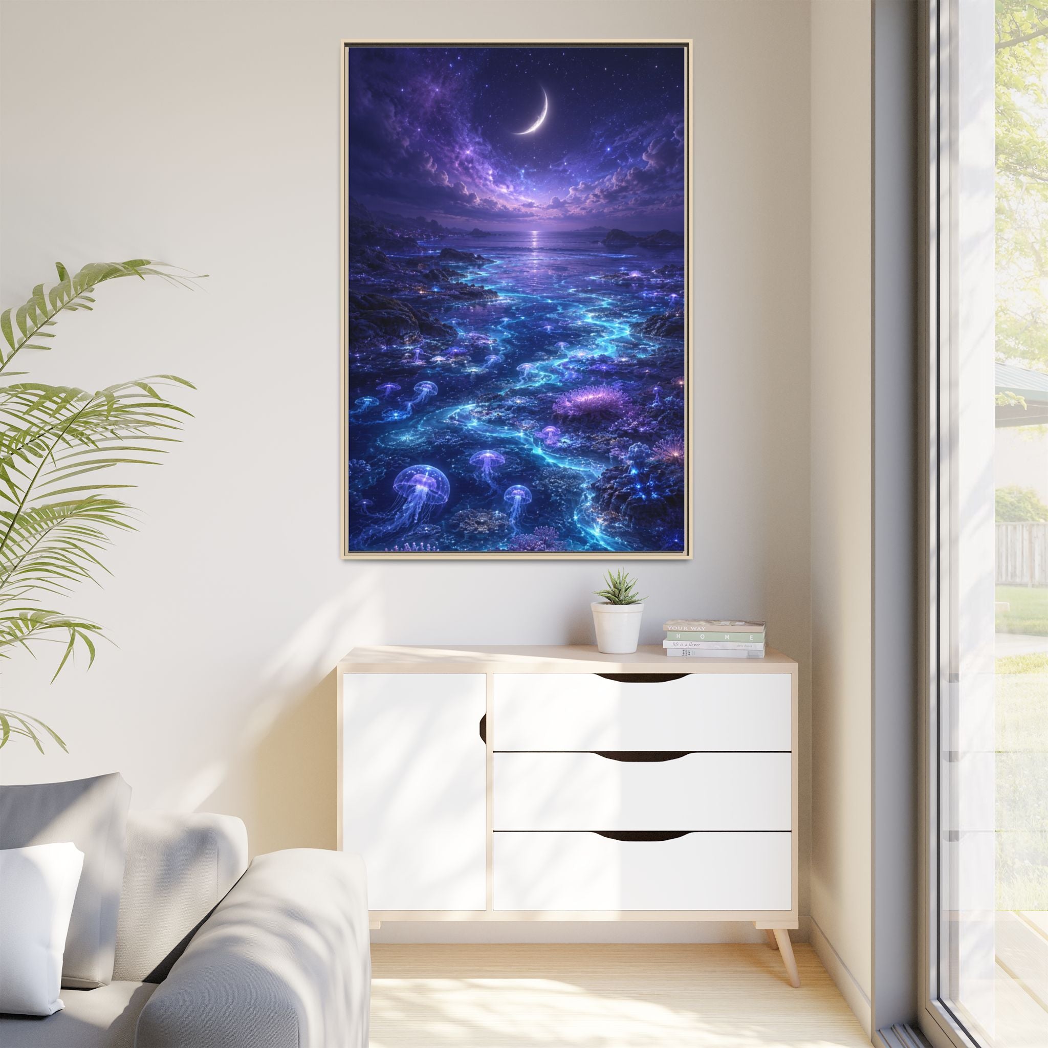 Framed Canvas Art — Bioluminescent Moonlit Ocean Scene