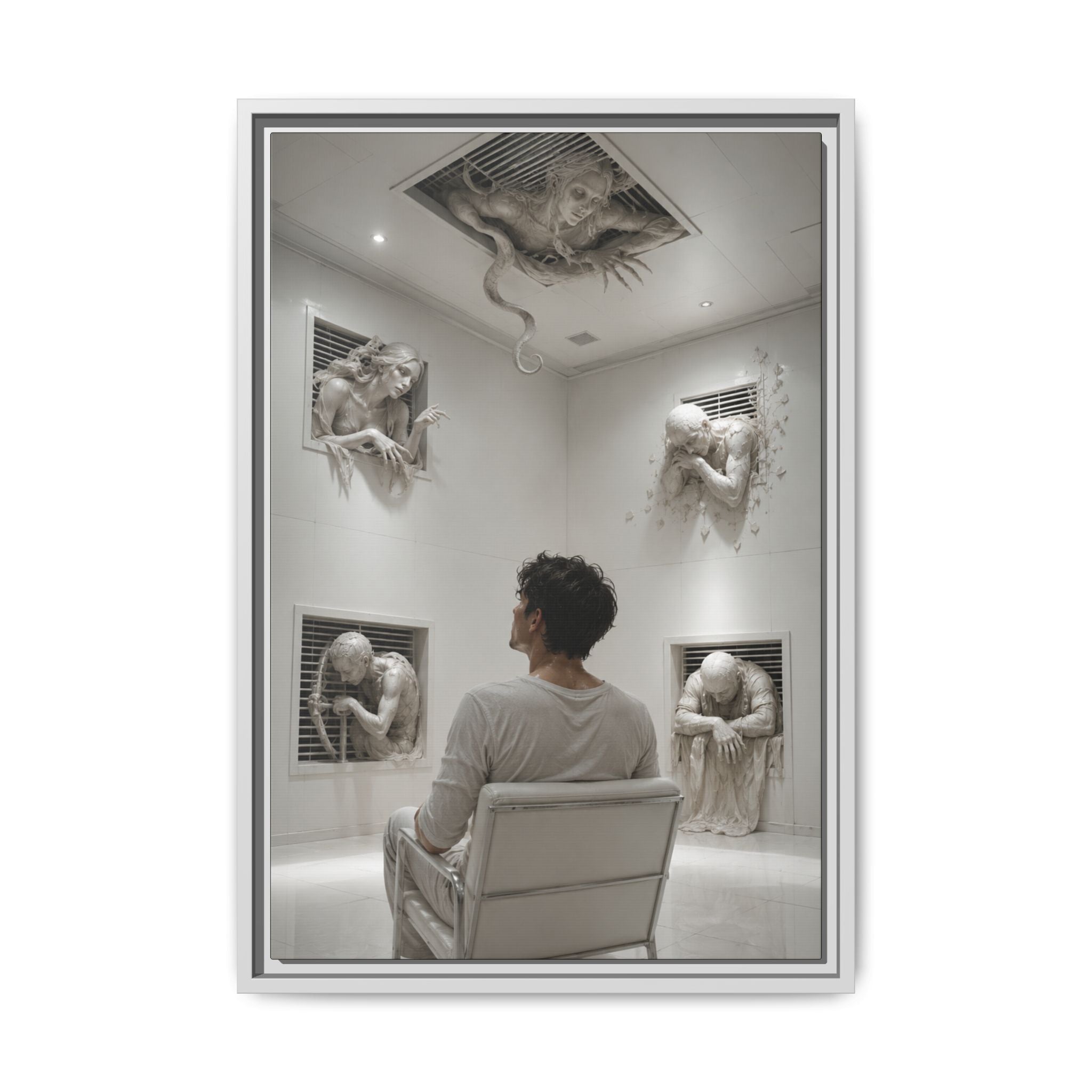 Surreal Wall Art Print — Man in Gallery with Sculpted Figures, Fine Art Paper Print