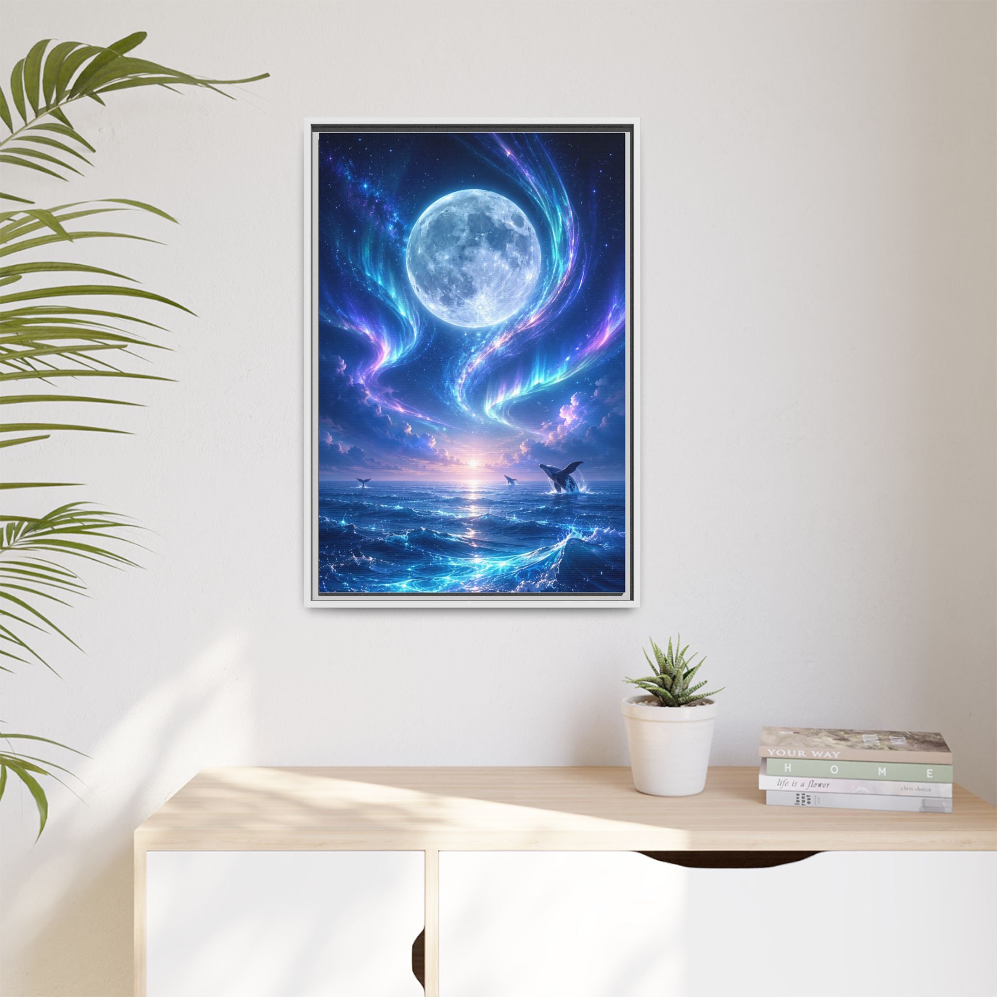 Framed Canvas Art - Lunar Aurora Ocean Scene