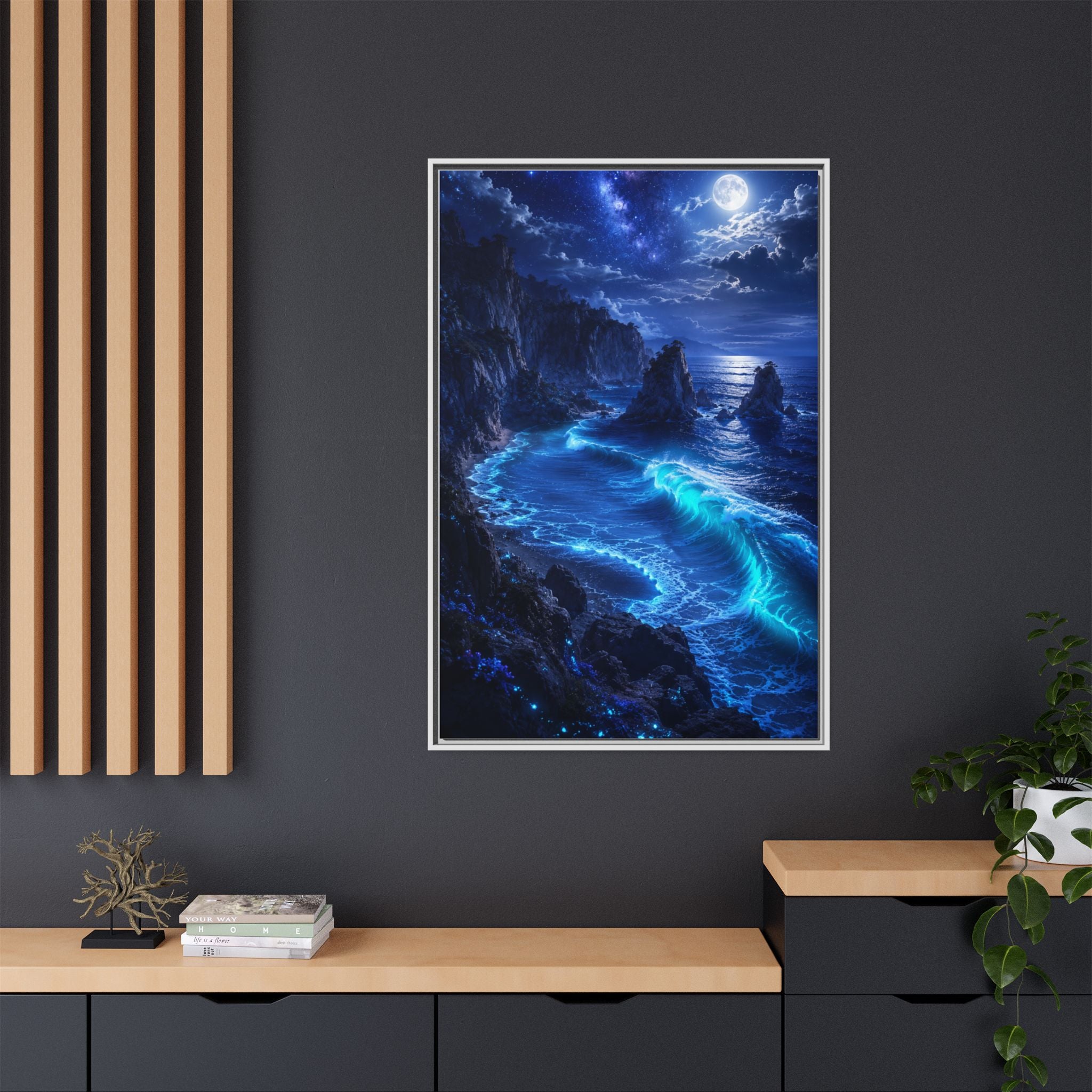 Framed Matte Canvas: Luminous Moonlit Ocean Art Print