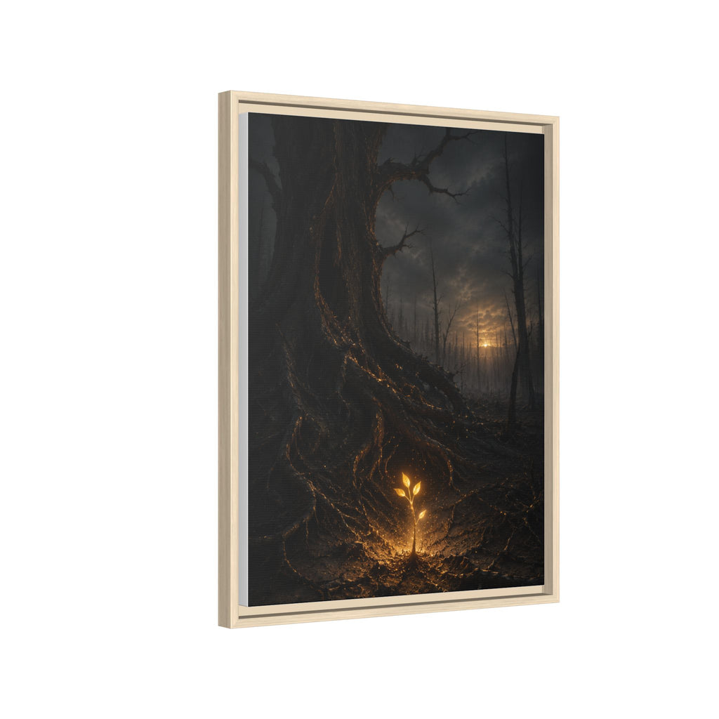 Framed Matte Canvas — Glow Sprout in Dark Forest (Ethereal Fantasy Wall Art)