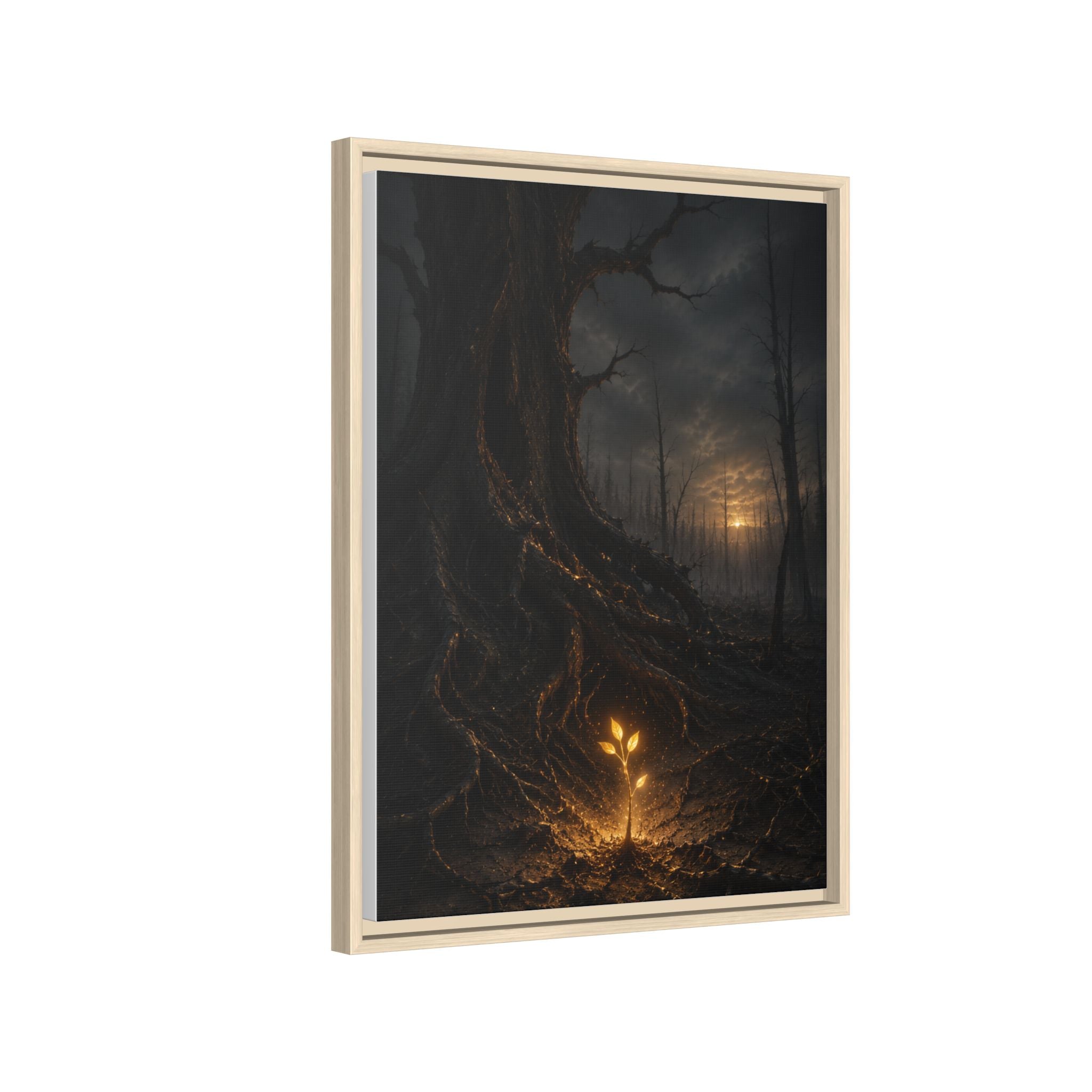 Framed Matte Canvas — Glow Sprout in Dark Forest (Ethereal Fantasy Wall Art)