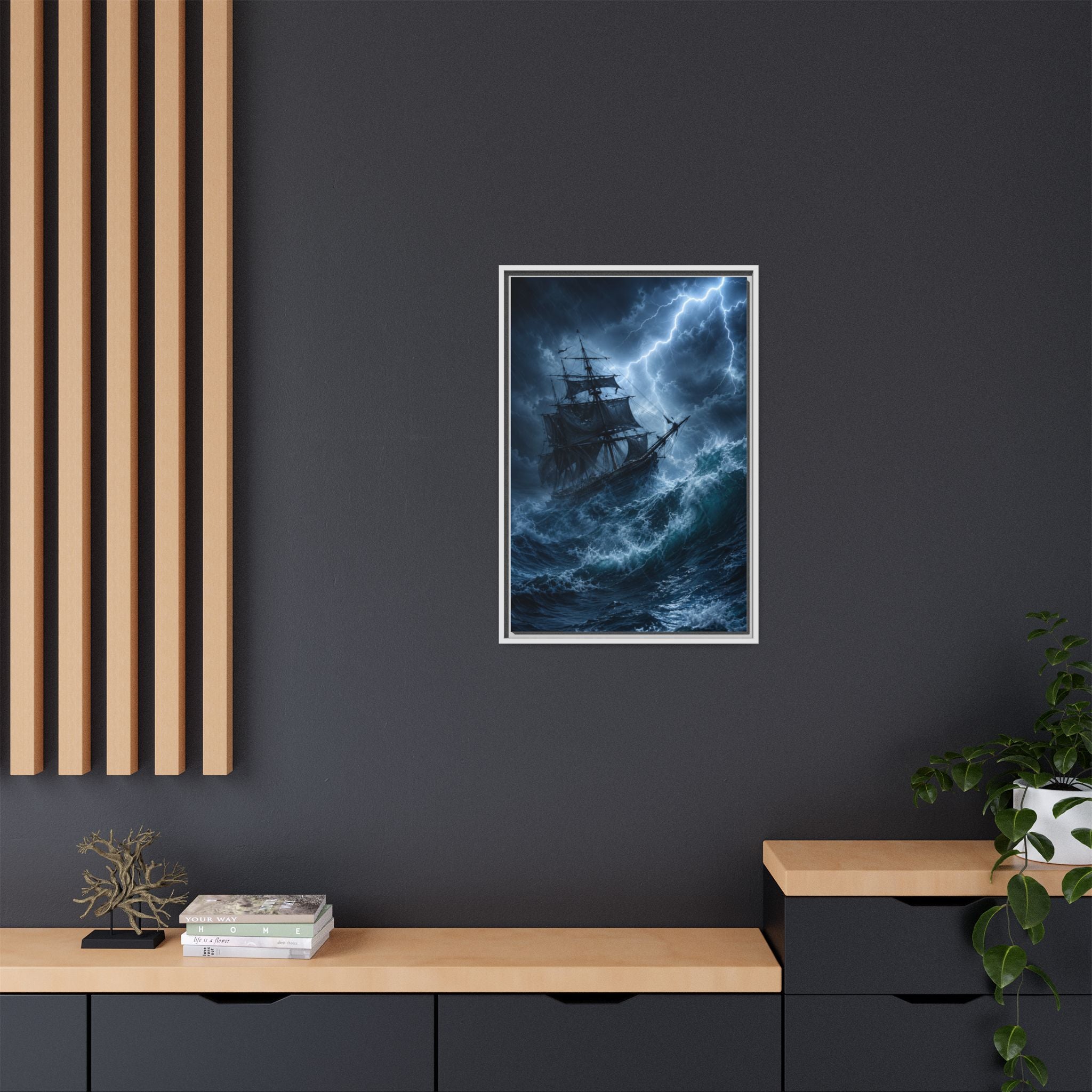 Stormy Seas Ship Painting — Framed Matte Canvas Wall Art