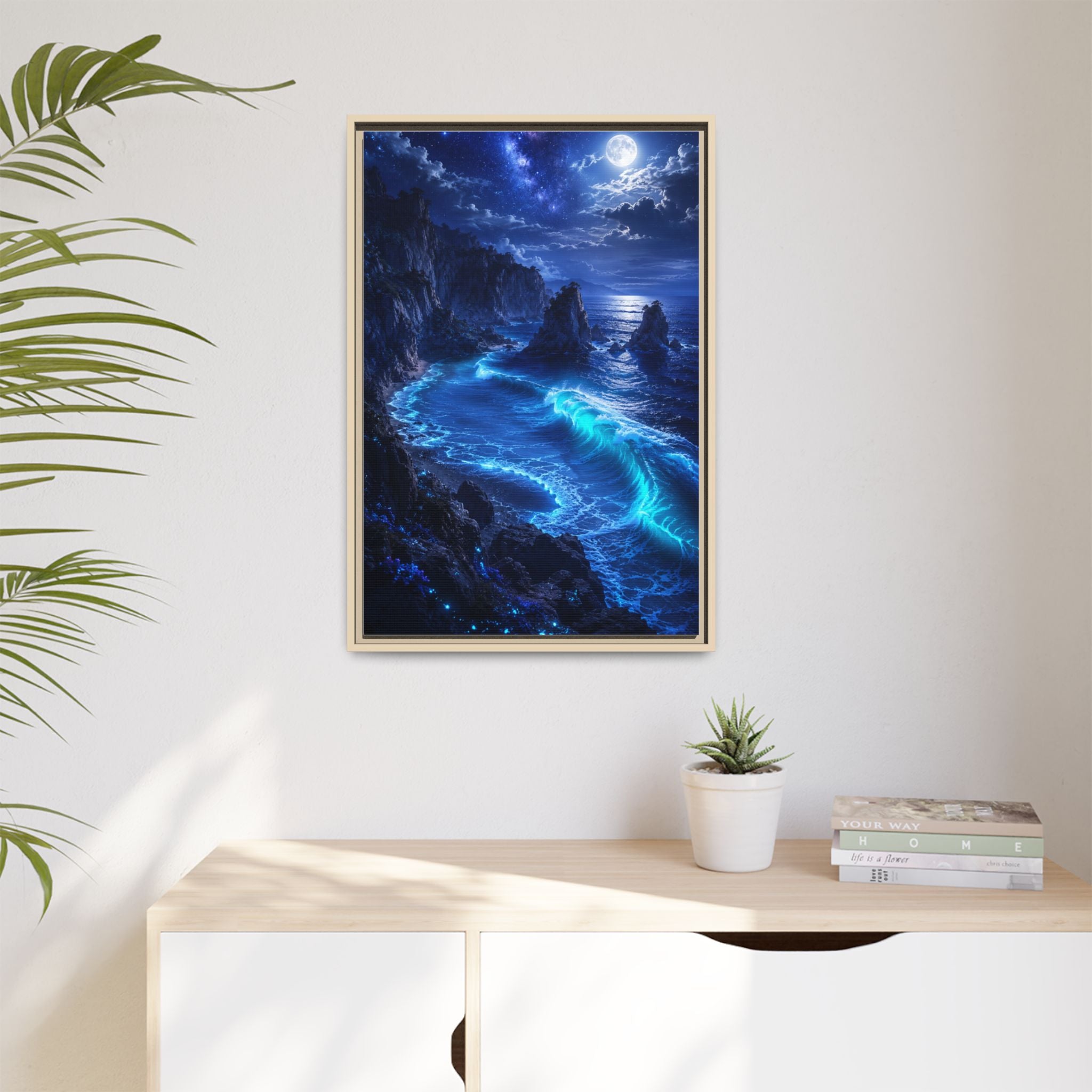 Framed Matte Canvas: Luminous Moonlit Ocean Art Print
