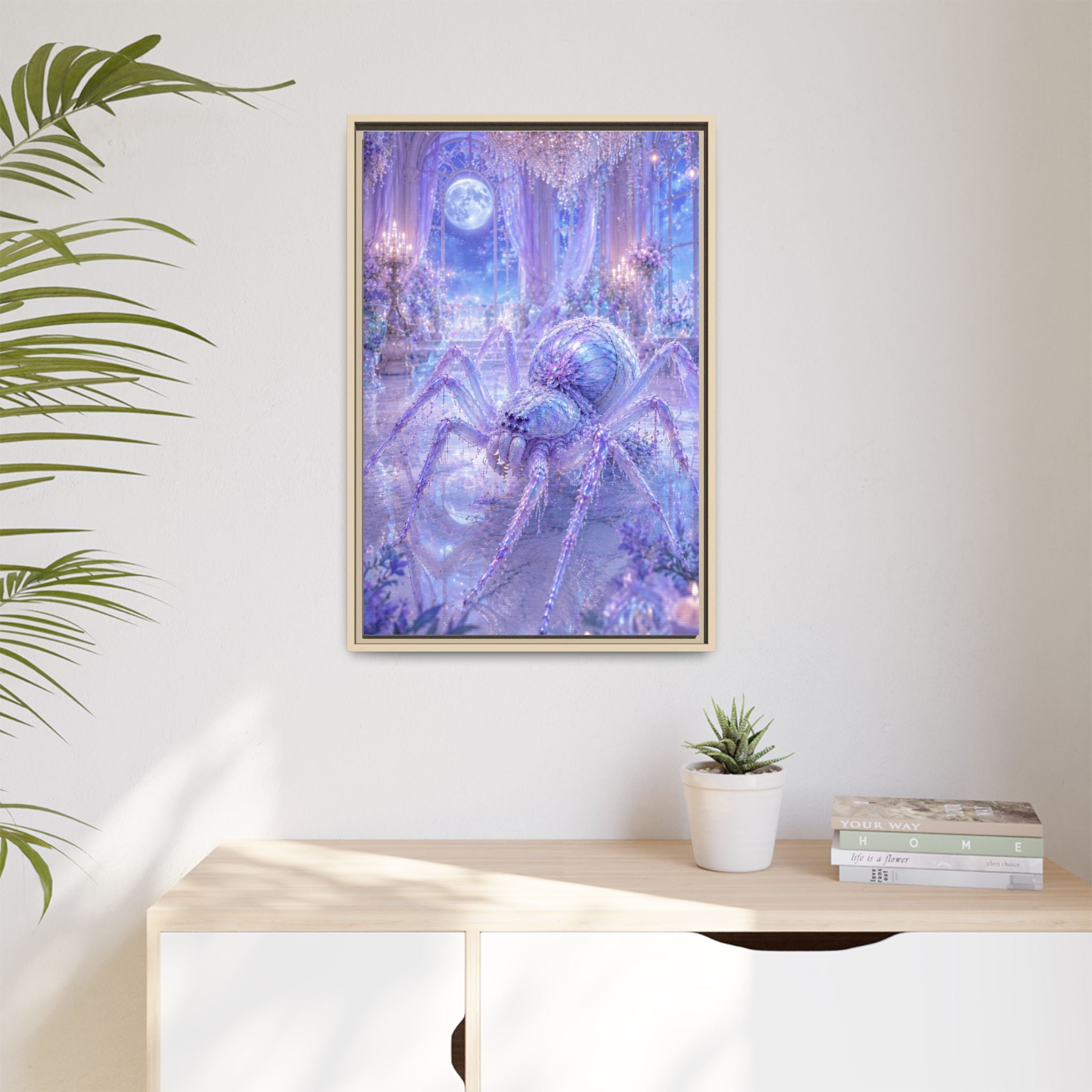 Moonlit Spider Fantasy Canvas Print — Lavender Enchanted Wall Art (Framed)