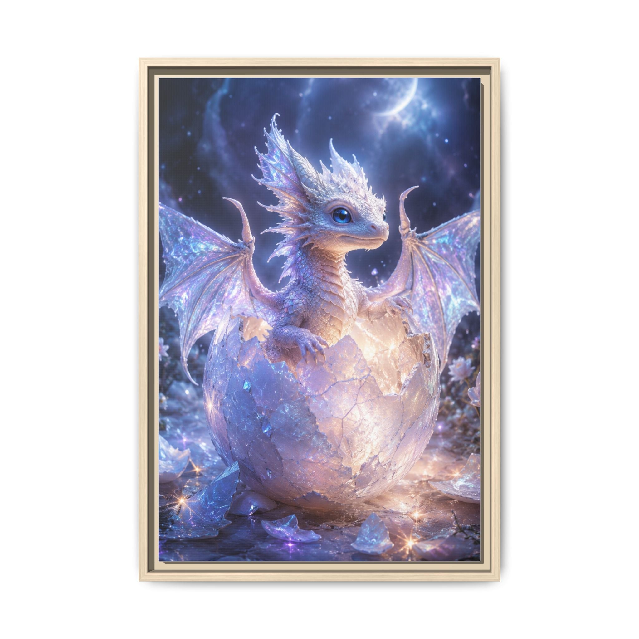 Framed Fantasy Dragon Canvas Print — Mystical Baby Dragon in Cracked Egg Wall Art