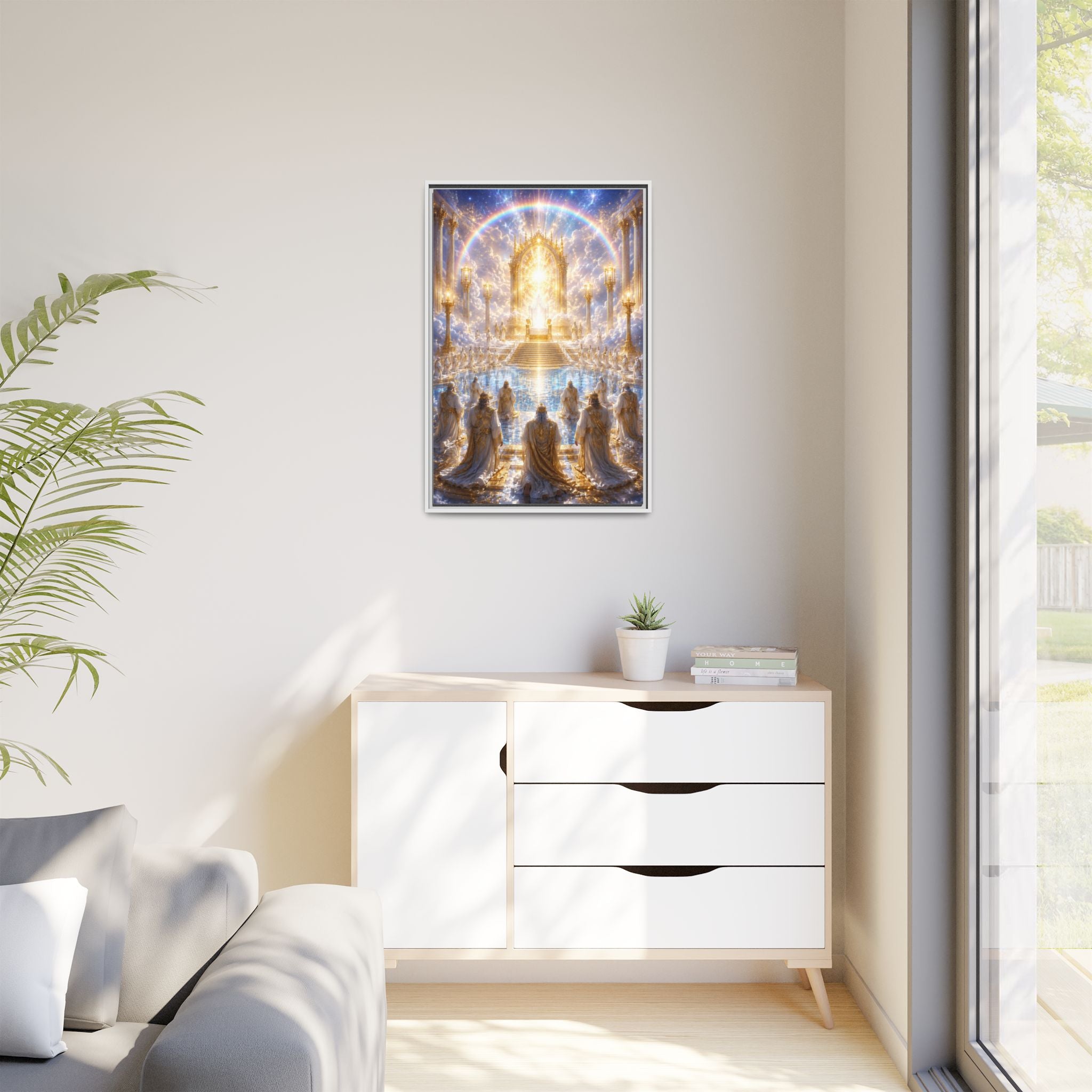 Heavenly Throne Room Matte Framed Canvas — Golden Angelic Realm Wall Art