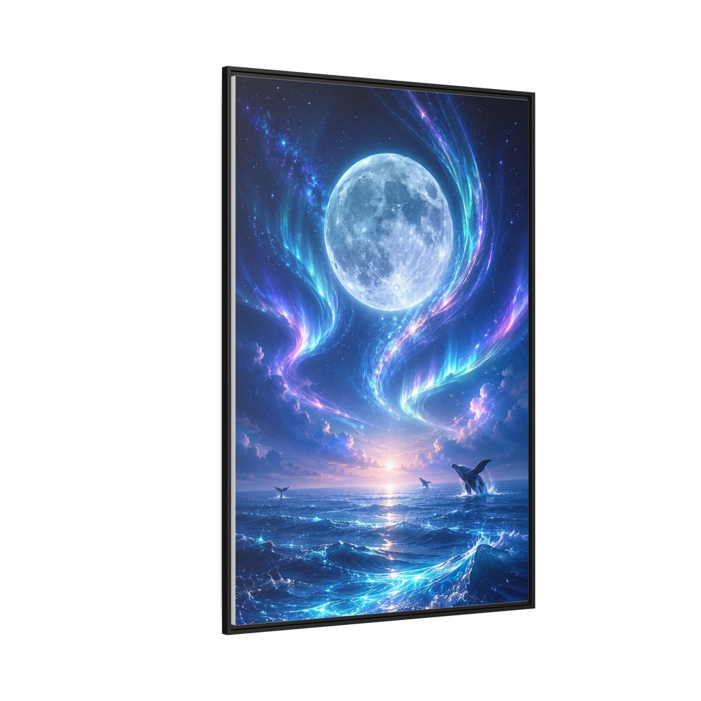 Framed Canvas Art - Lunar Aurora Ocean Scene