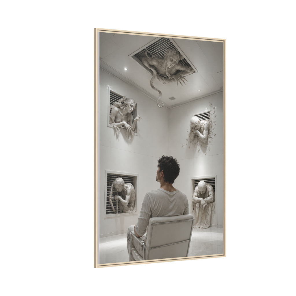 Surreal Wall Art Canvas — Man in Gallery with Sculpted Figures, Framed Matte Print