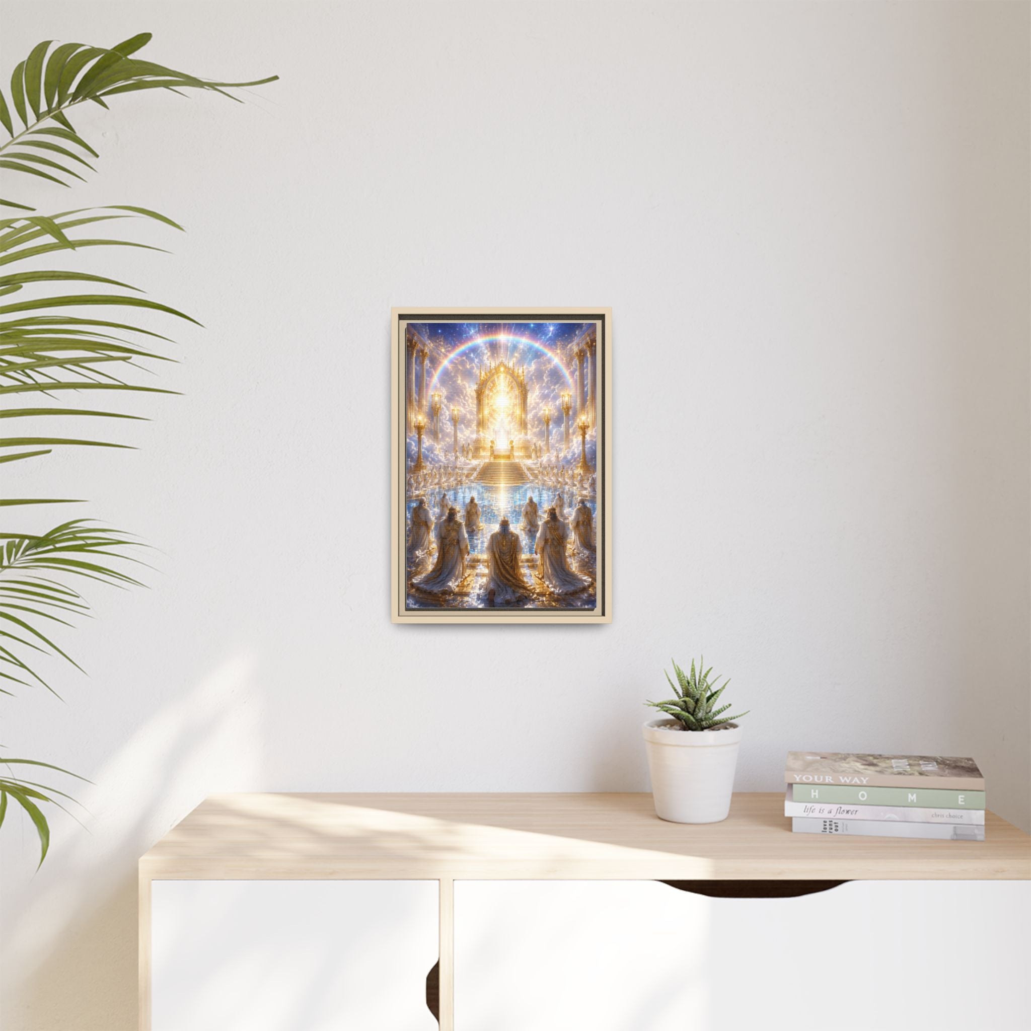 Heavenly Throne Room Matte Framed Canvas — Golden Angelic Realm Wall Art