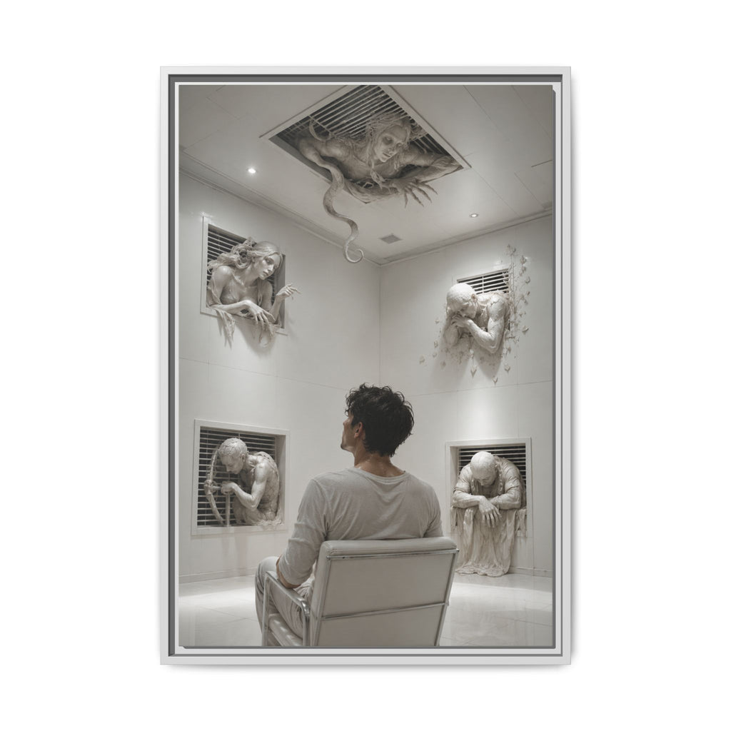 Surreal Wall Art Canvas — Man in Gallery with Sculpted Figures, Framed Matte Print