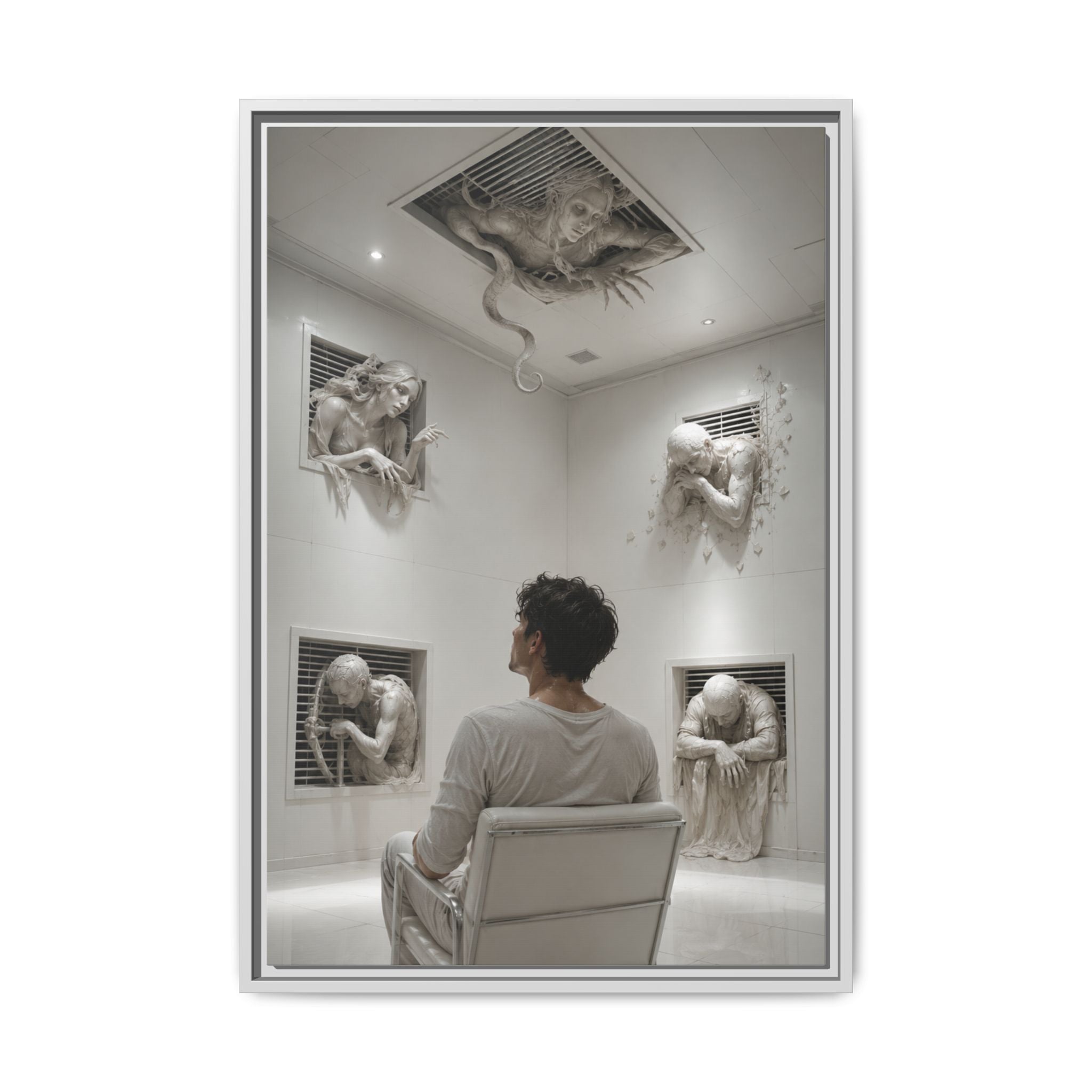 Surreal Wall Art Canvas — Man in Gallery with Sculpted Figures, Framed Matte Print