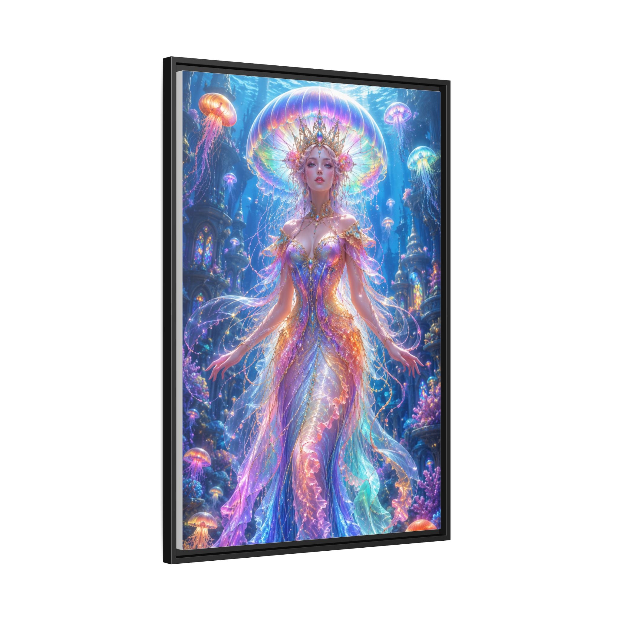 Jellyfish Queen Framed Canvas Art — Vibrant Mermaid Goddess Wall Print