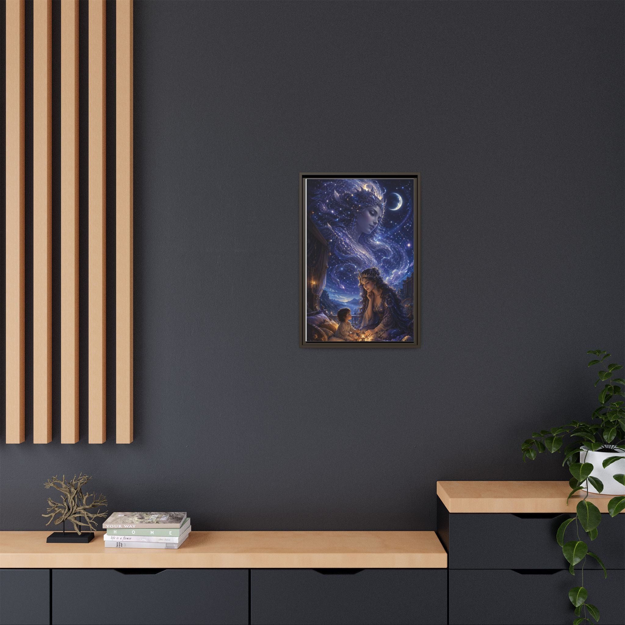 Framed Matte Canvas — Mystical Moon Mother & Child Nightscape Wall Art