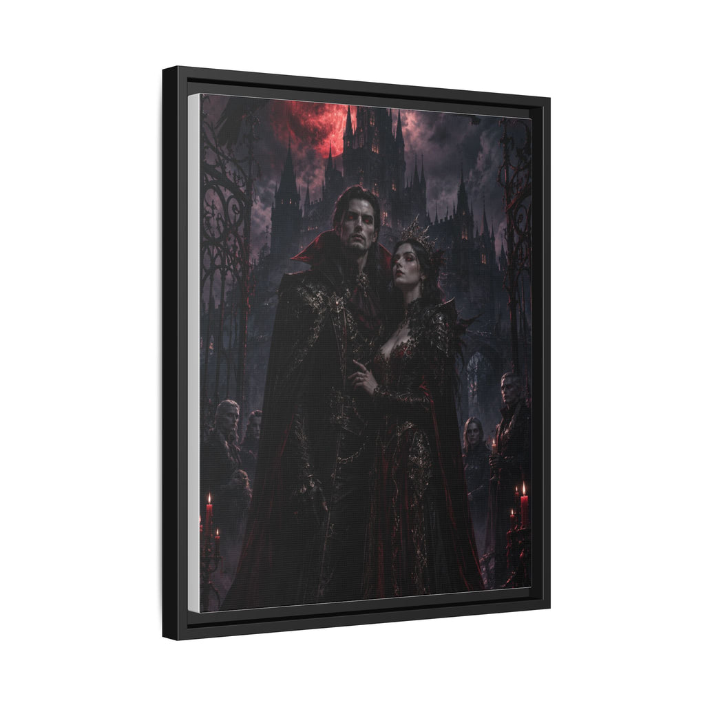 Vampire Couple Matte Framed Canvas Art – Gothic Red Moon Wall Decor