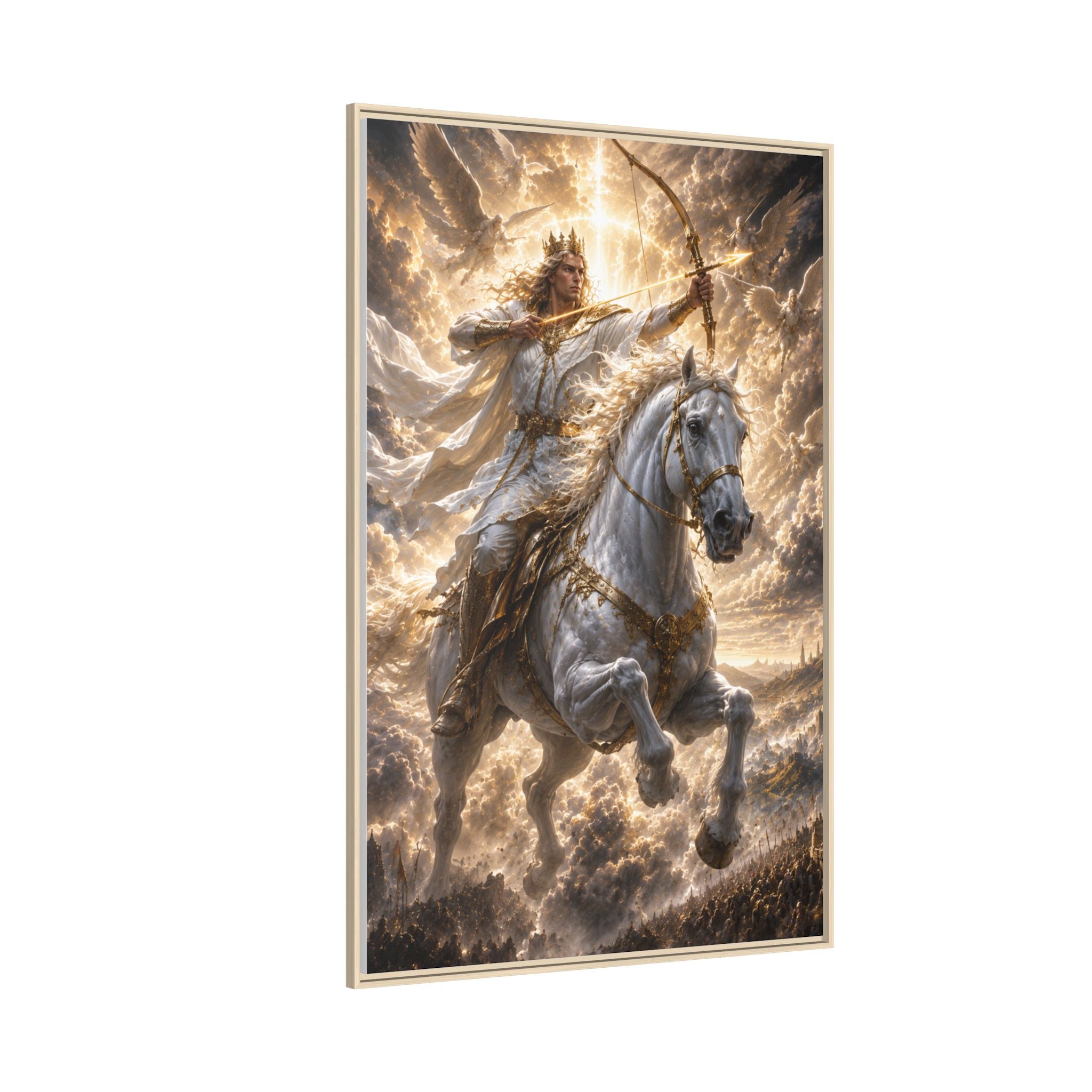Mythic Warrior on White Steed — Framed Matte Canvas Wall Art