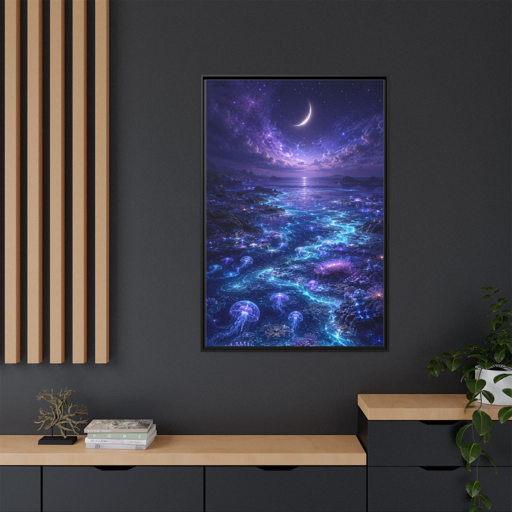 Framed Canvas Art — Bioluminescent Moonlit Ocean Scene