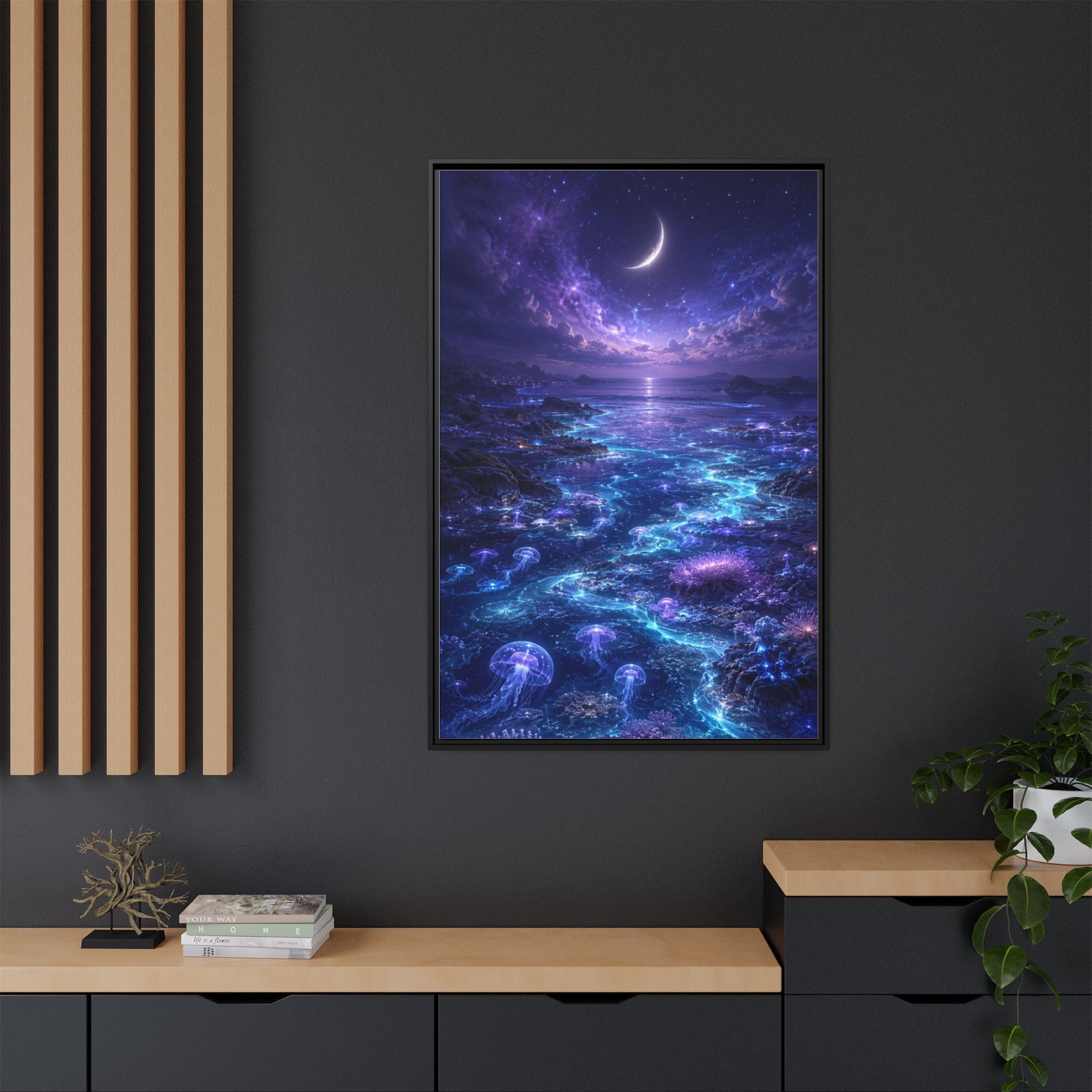 Framed Canvas Art — Bioluminescent Moonlit Ocean Scene