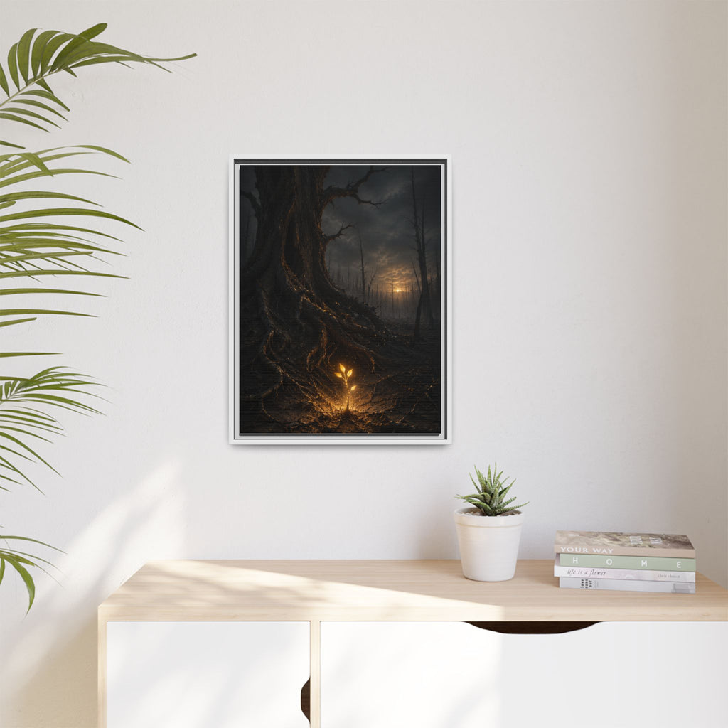 Framed Matte Canvas — Glow Sprout in Dark Forest (Ethereal Fantasy Wall Art)