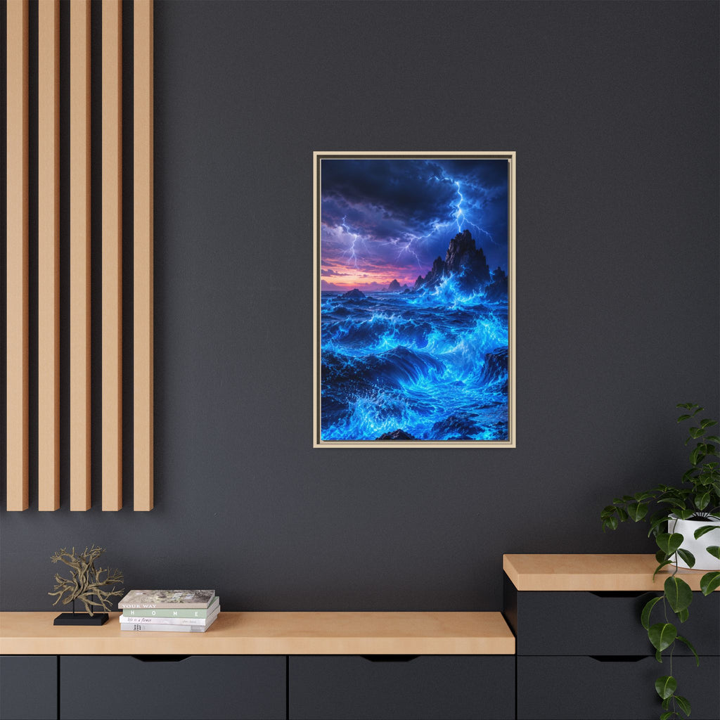 Framed Matte Canvas Art — Electric Stormy Ocean Landscape