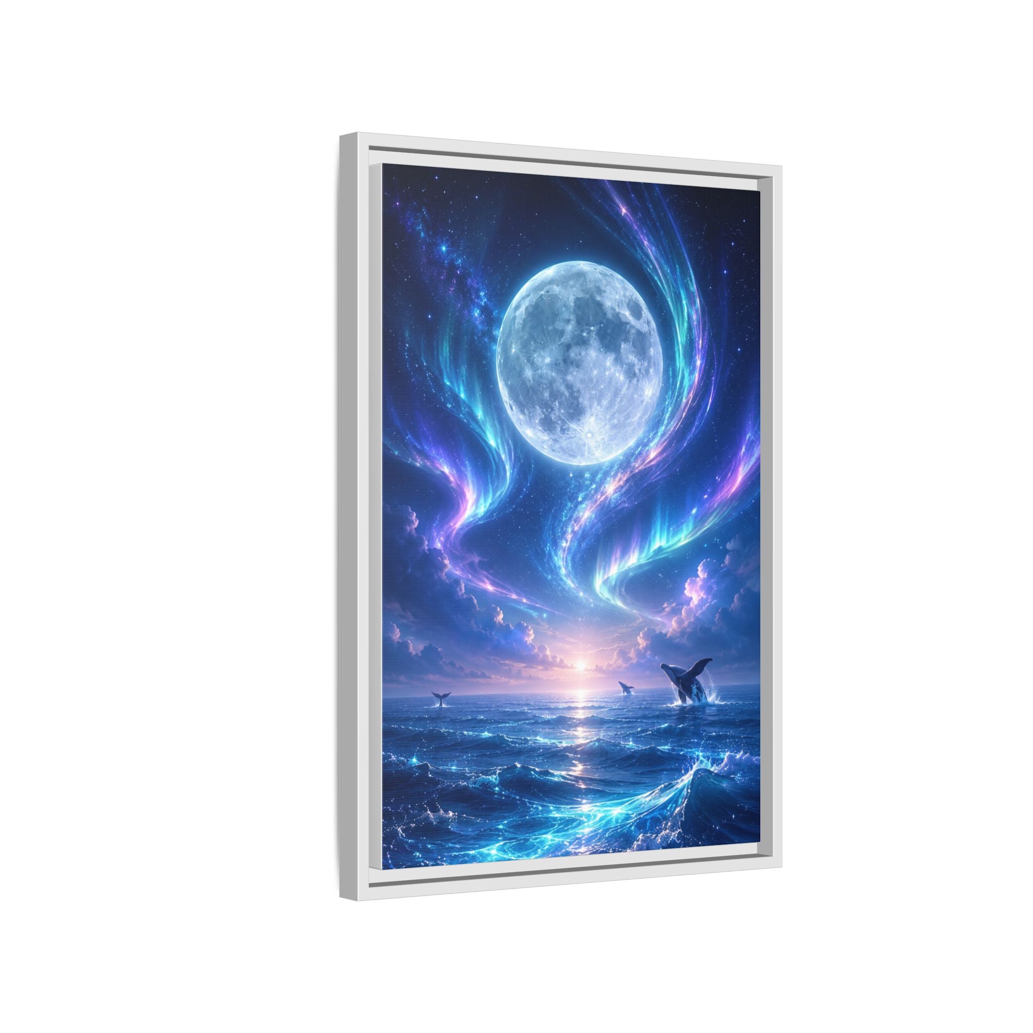 Framed Canvas Art - Lunar Aurora Ocean Scene