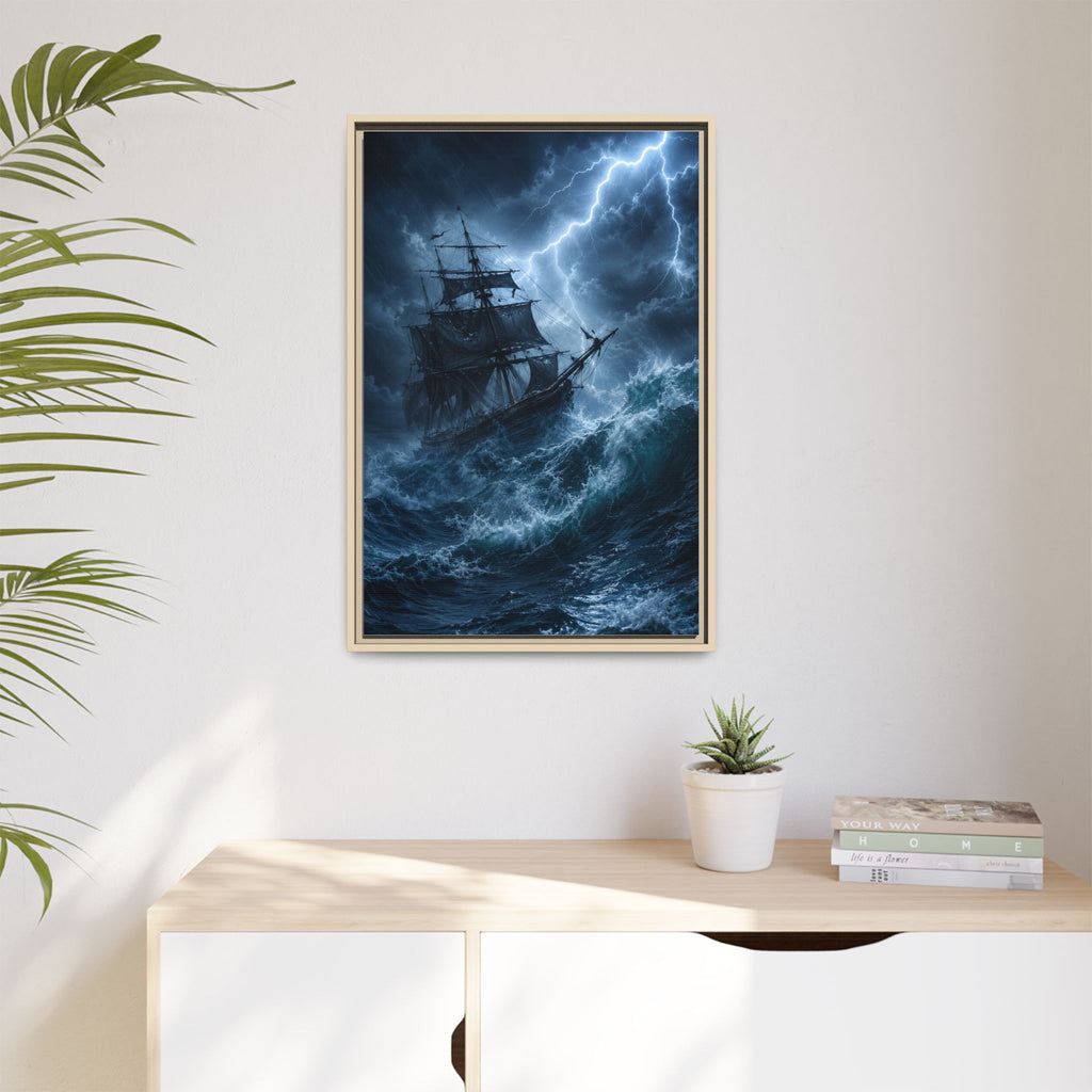 Stormy Seas Ship Painting — Framed Matte Canvas Wall Art