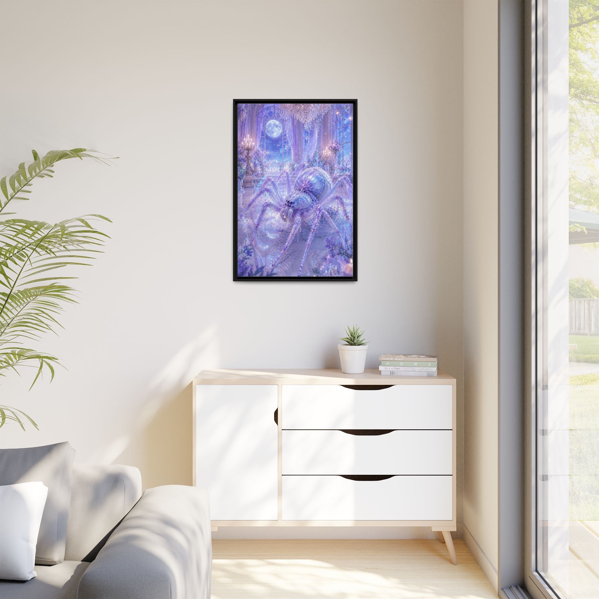 Moonlit Spider Fantasy Canvas Print — Lavender Enchanted Wall Art (Framed)