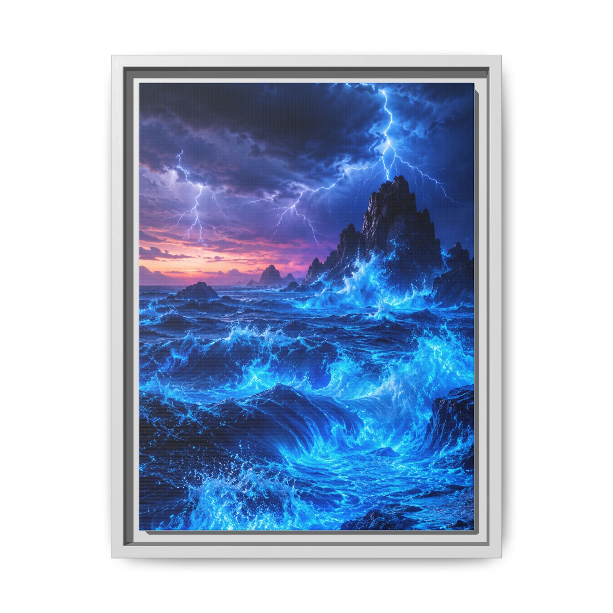 Framed Matte Canvas Art — Electric Stormy Ocean Landscape