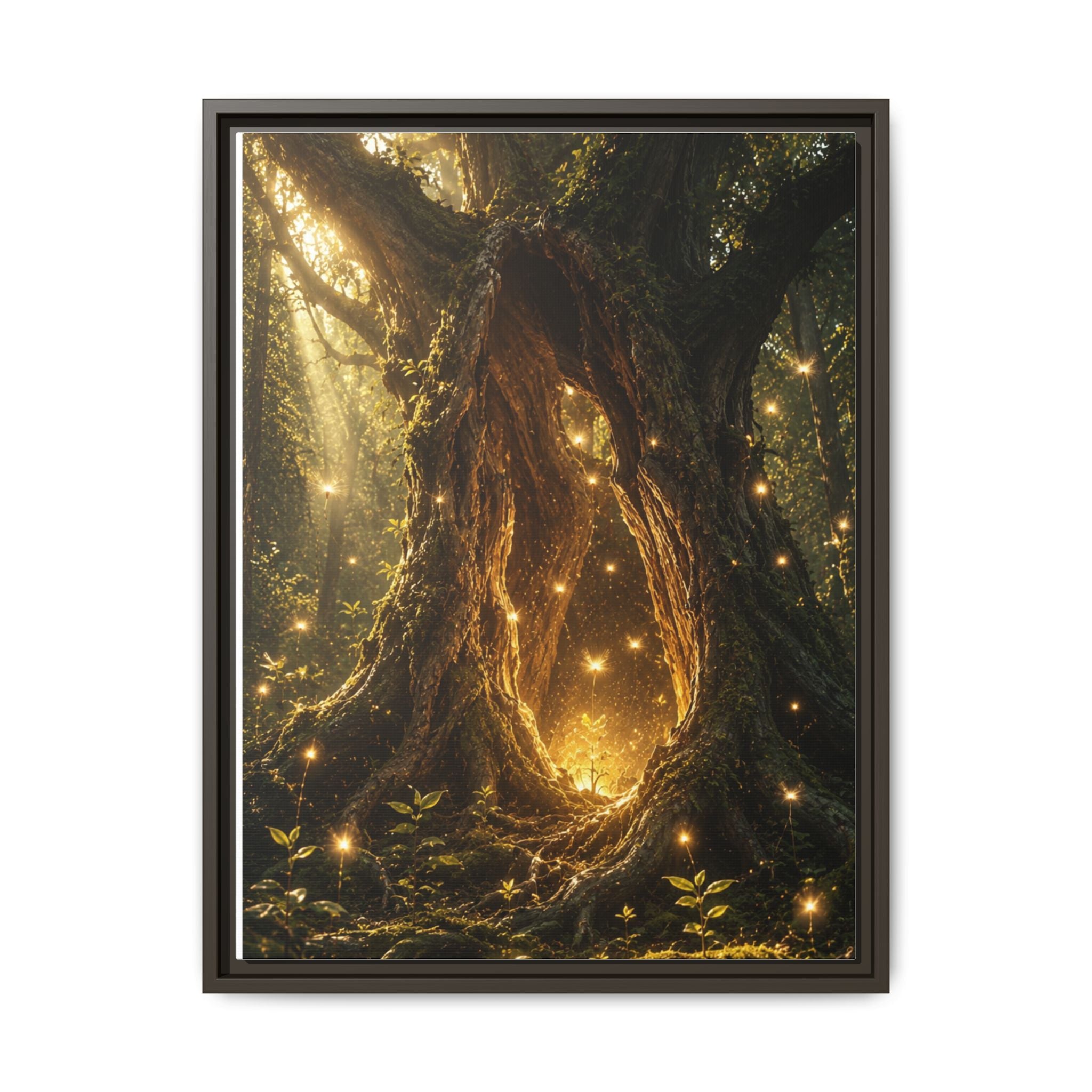 Framed Canvas Art - Enchanted Forest Tree with Glowing Fireflies
