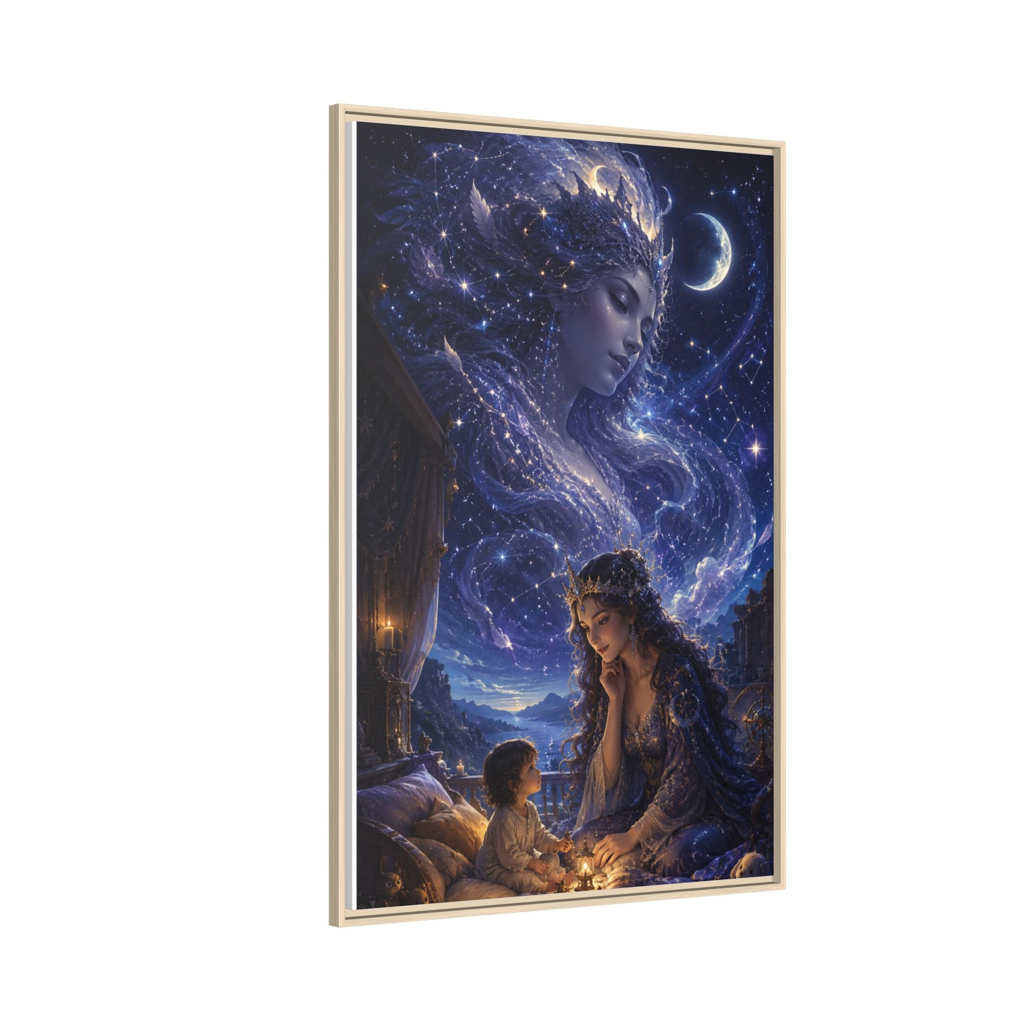 Framed Matte Canvas — Mystical Moon Mother & Child Nightscape Wall Art