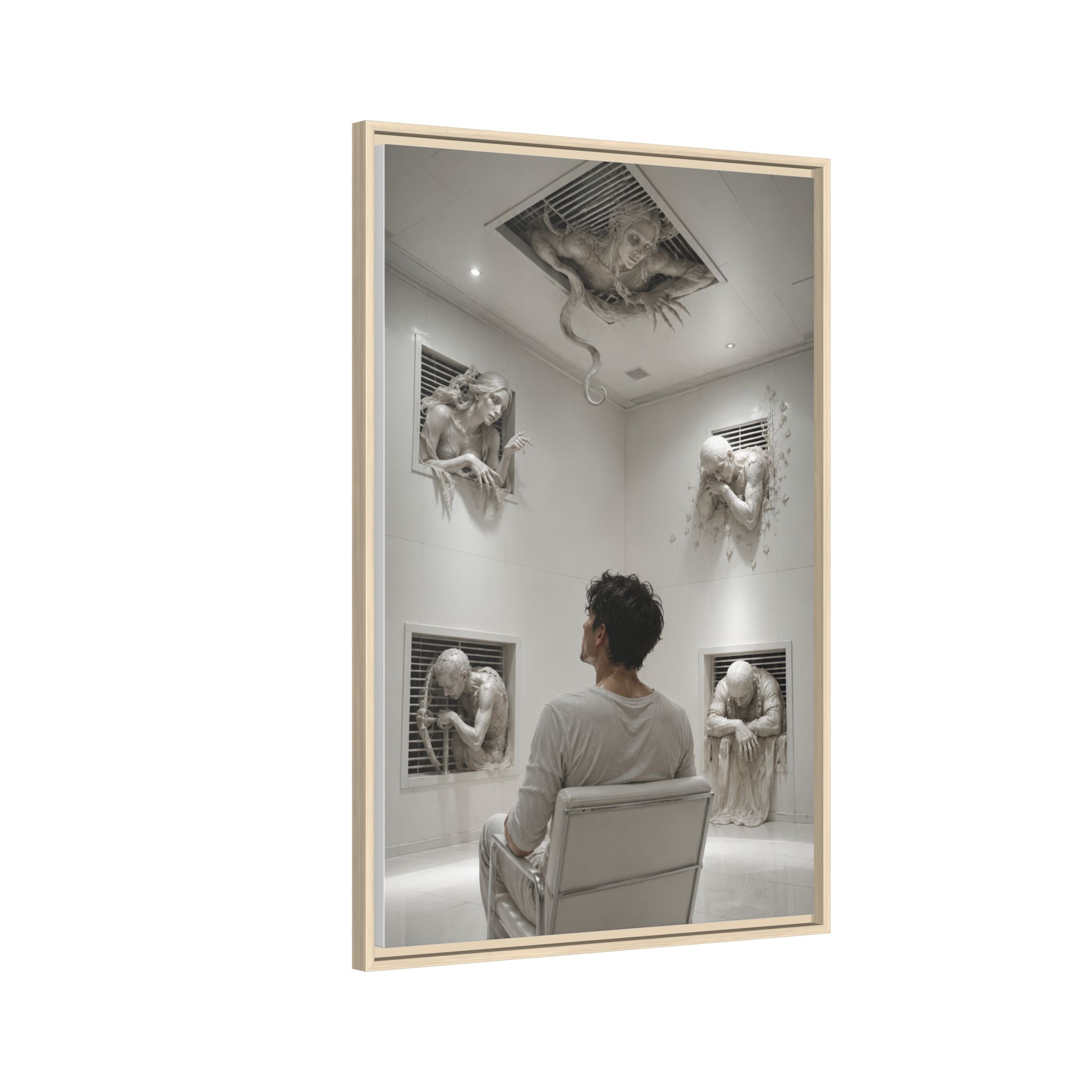 Surreal Wall Art Canvas — Man in Gallery with Sculpted Figures, Framed Matte Print